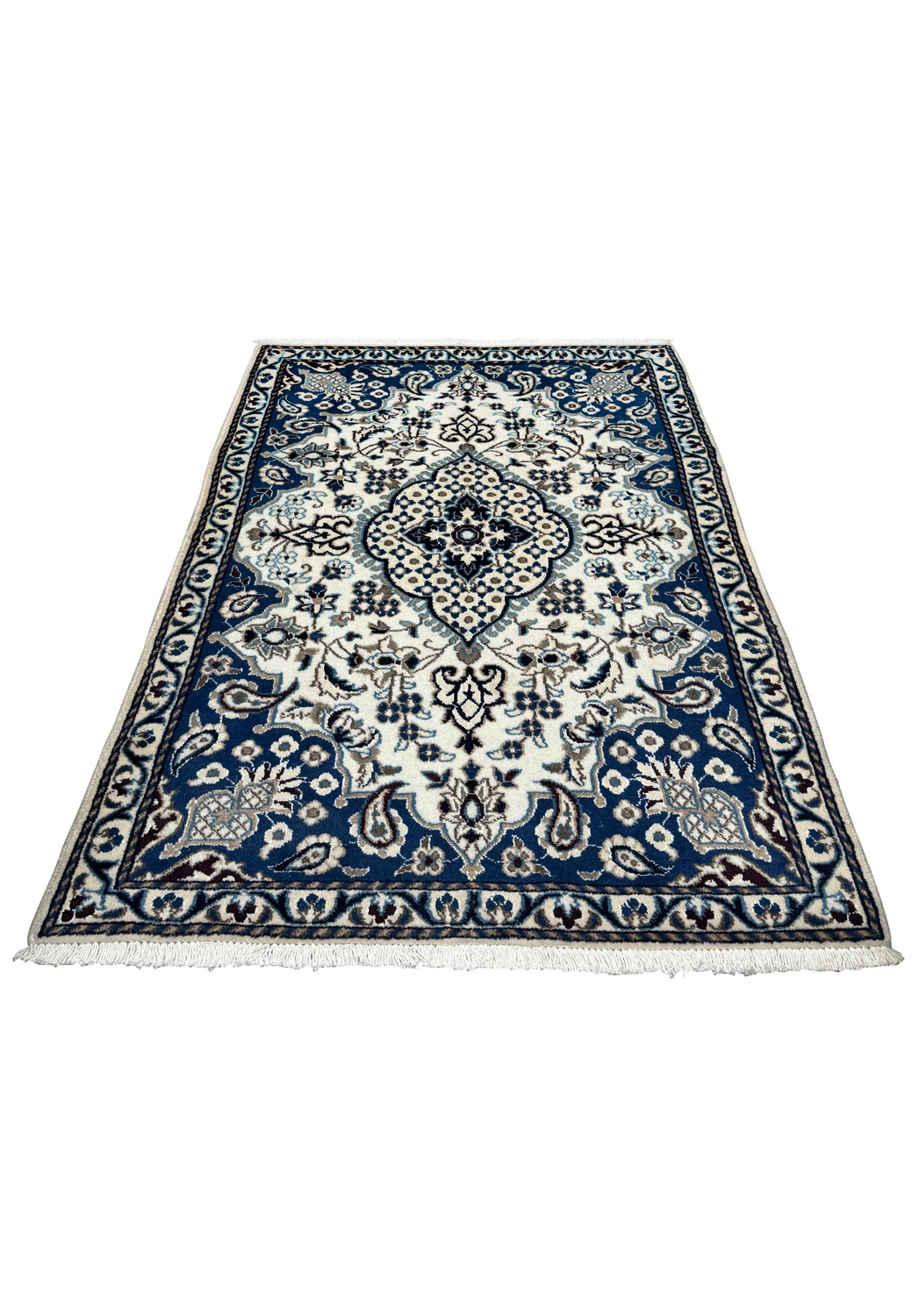 Top view of 2'9 x 4'6 Persian Nain rug with royal navy blue border, ivory field, floral medallion, and detailed powder blue vine motifs