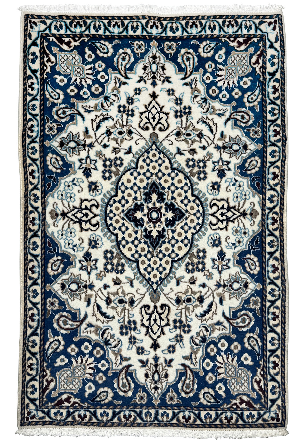 Full view of 2'9 x 4'6 Persian Nain rug featuring a royal navy blue frame, ivory medallion center, and finely woven wool floral pattern