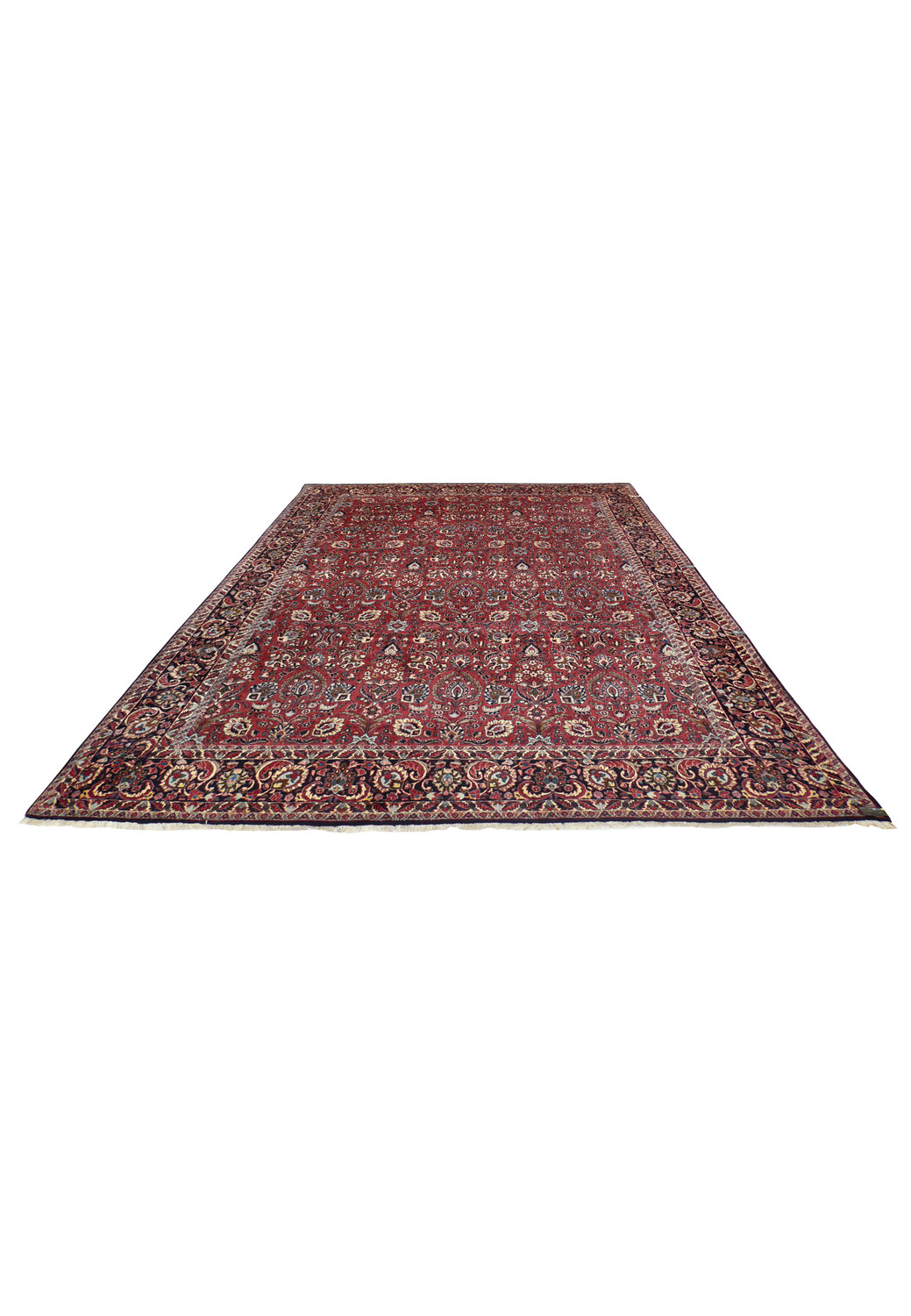 Large 6'6 x 9'6 Persian Bijar iron rug laid flat showing bold red field and repeating all over floral design