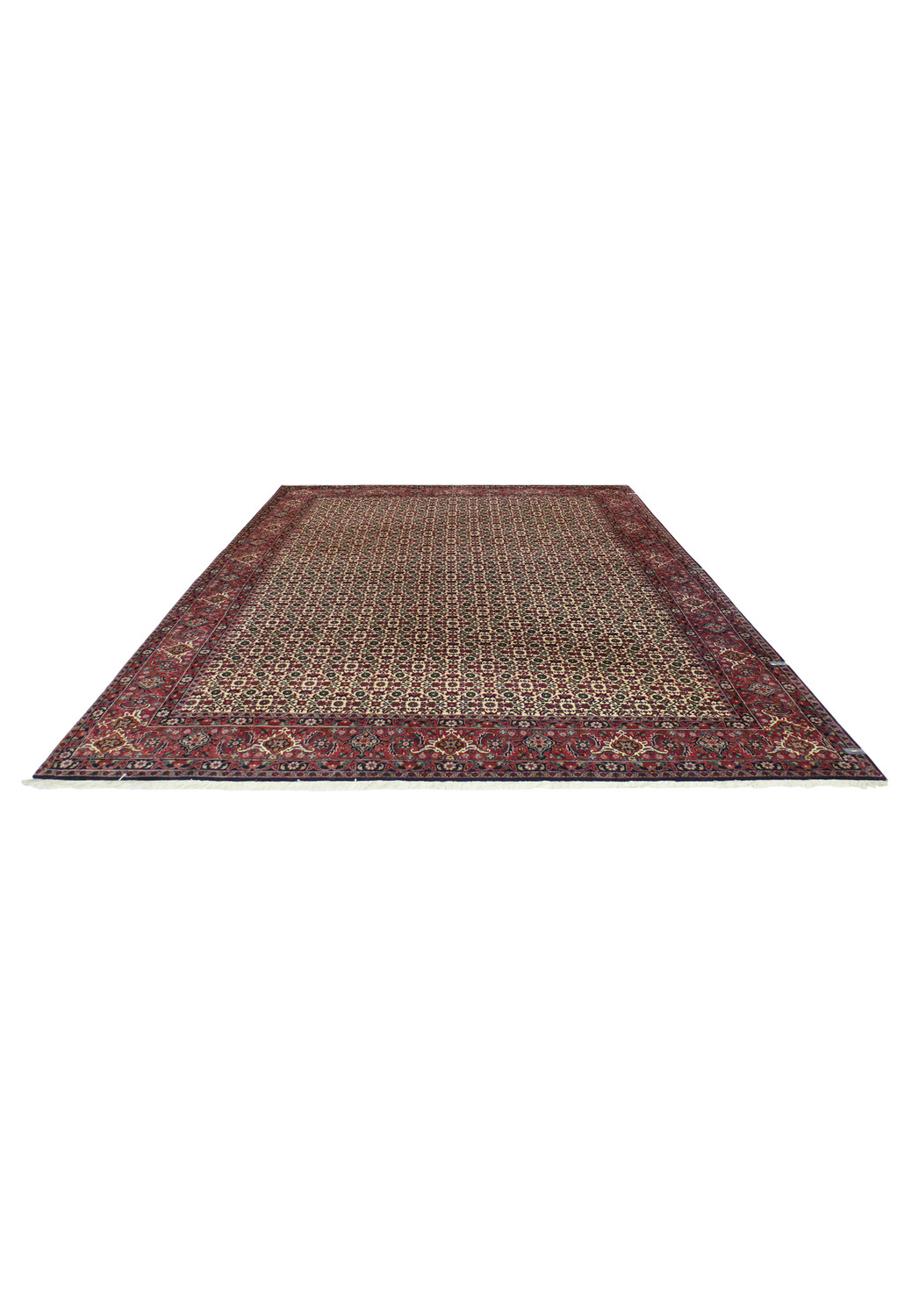 Laid-down angle of 7x9'8 allover Bijar rug with intricate cream, navy, green, and burgundy floral lattice