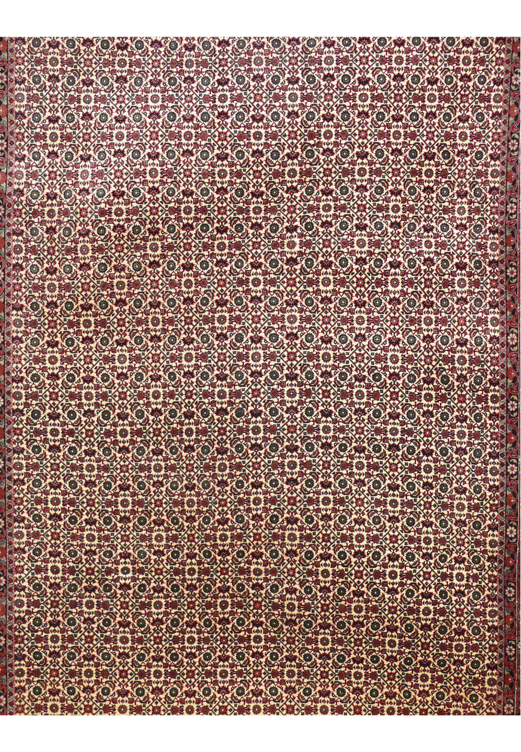 Close-up of allover field pattern on Bijar Persian Iron Rug with repeating burgundy, cream, navy, and green motifs