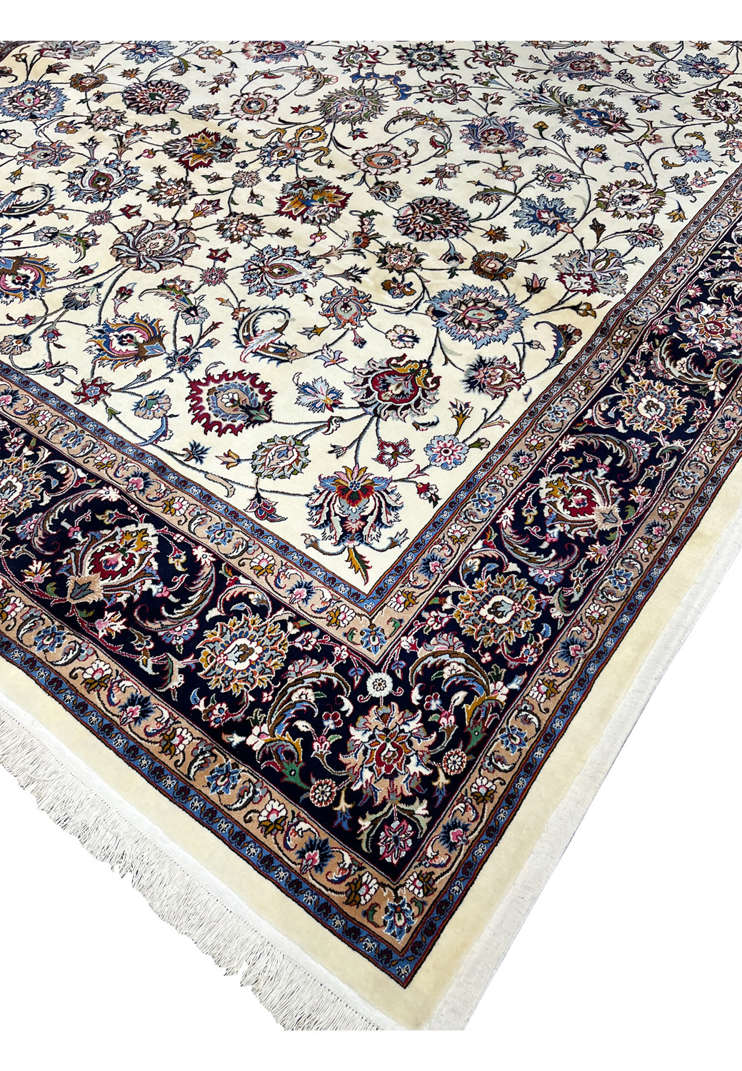 Edge and hand-finished fringe detail of signed Persian Mashad Saber rug