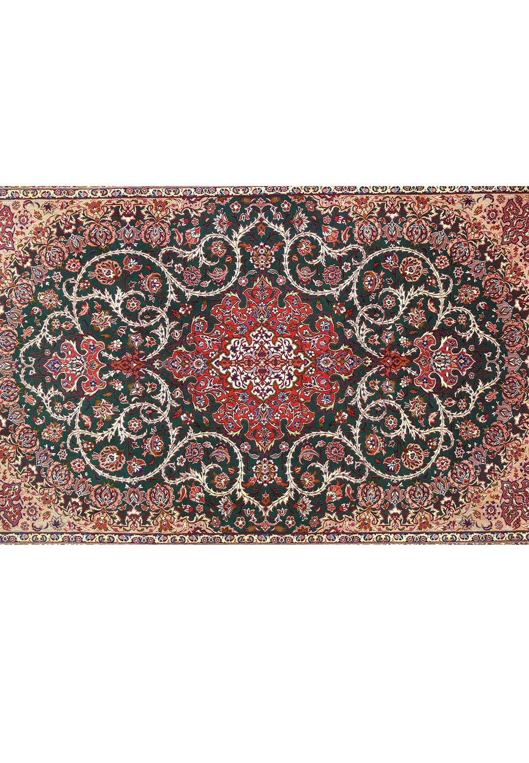 Detailed view of Persian Isfahan rug midfield with scrolling ivory vines and multicolor floral motifs on green