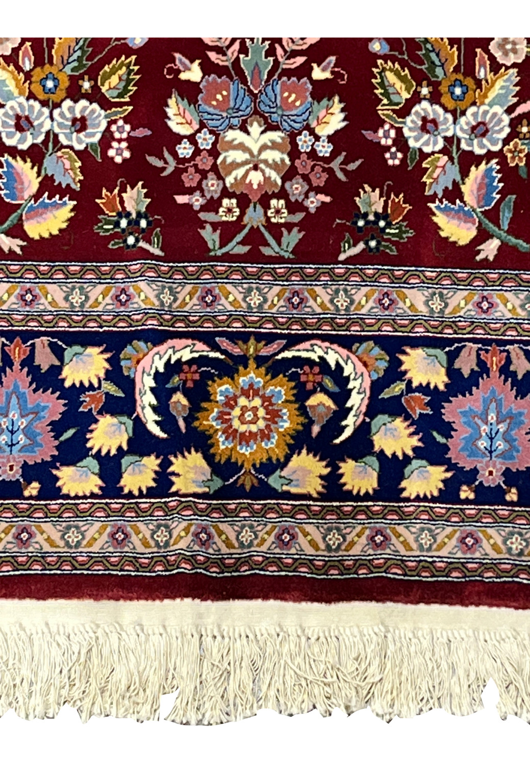 Lower border detail of Persian Isfahan rug with layered guard borders and floral design