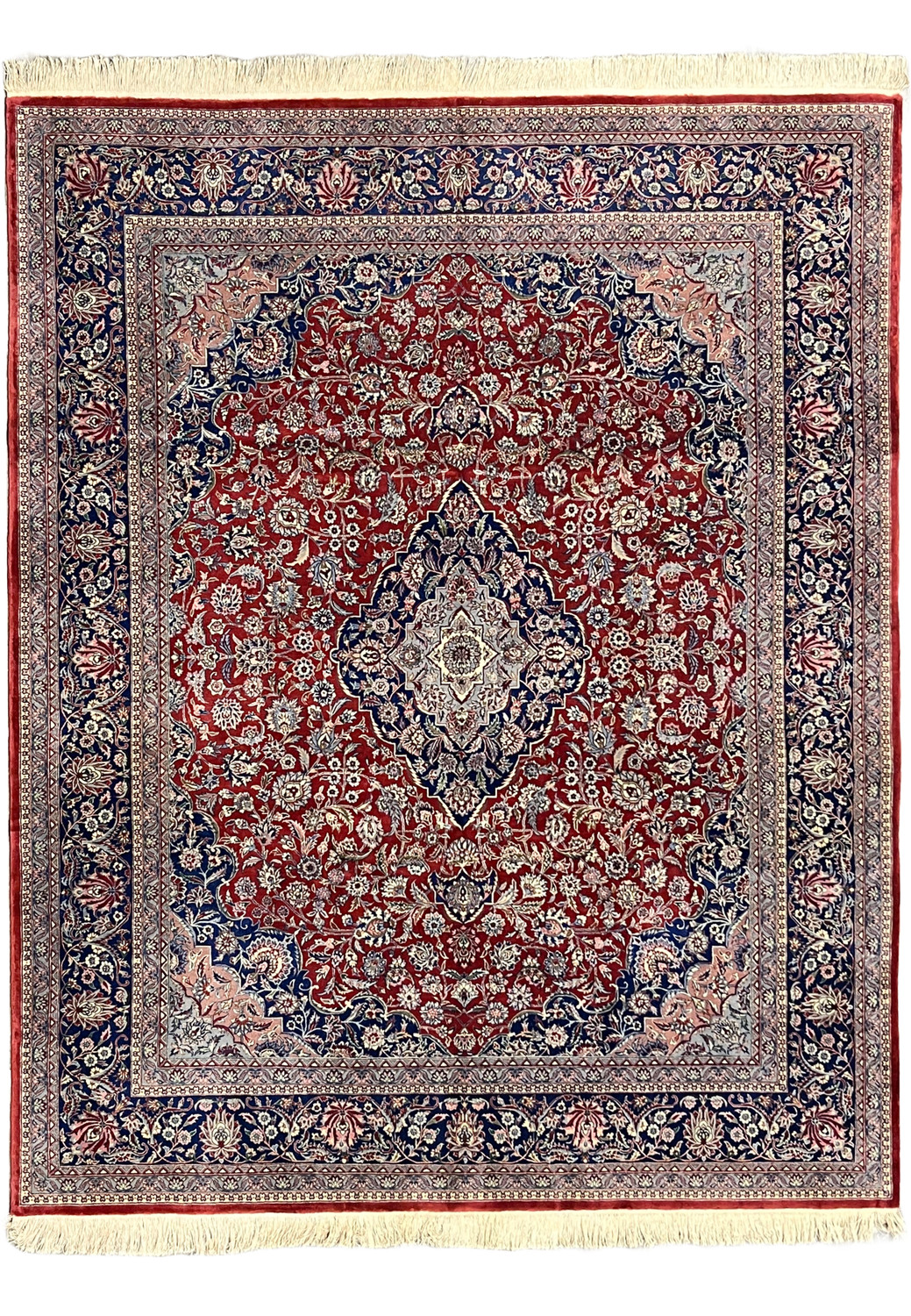 8'2 x 10 antique Persian Kashan rug full view with red field and navy medallion