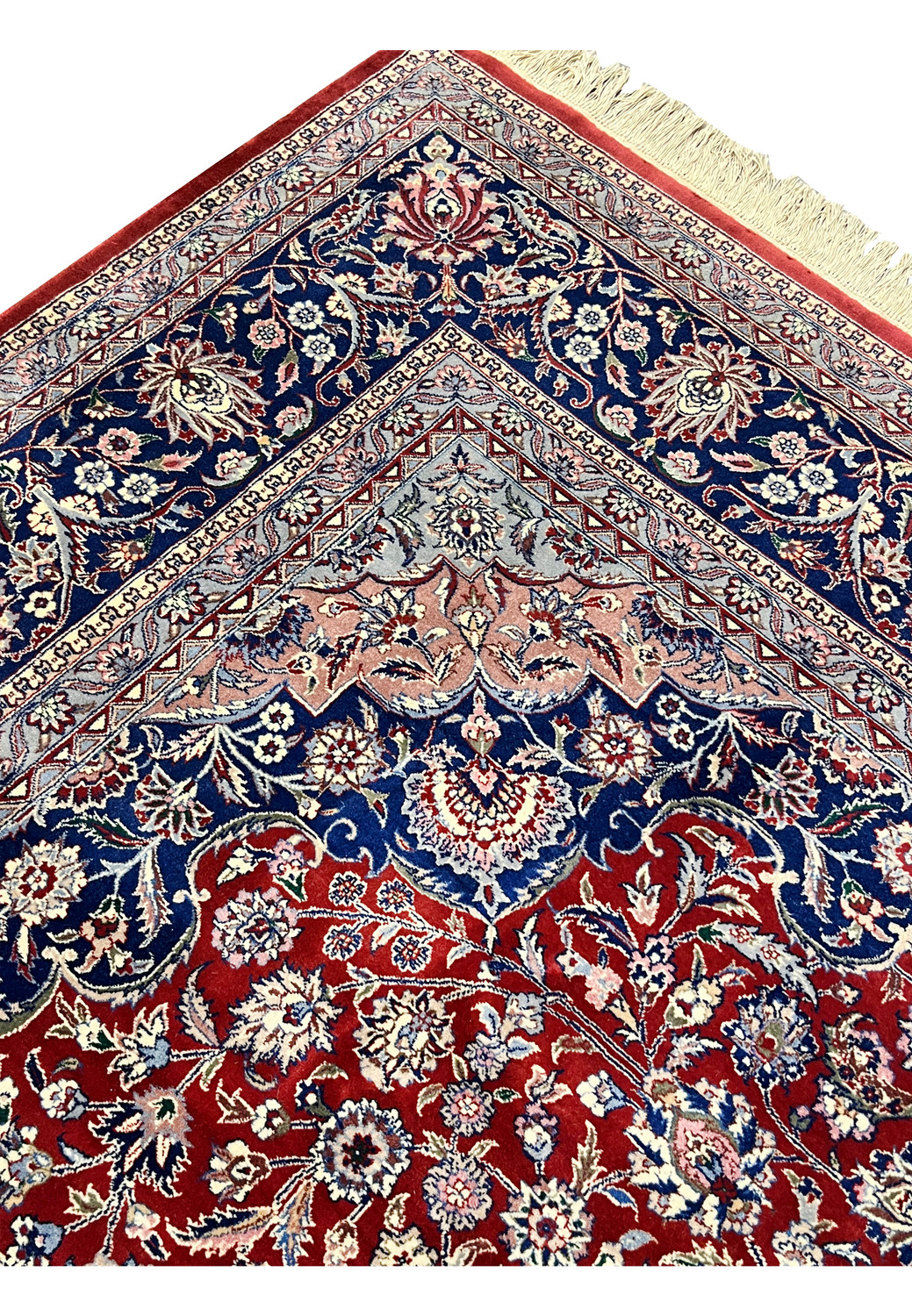 Corner detail of antique Persian Kashan rug with layered border work