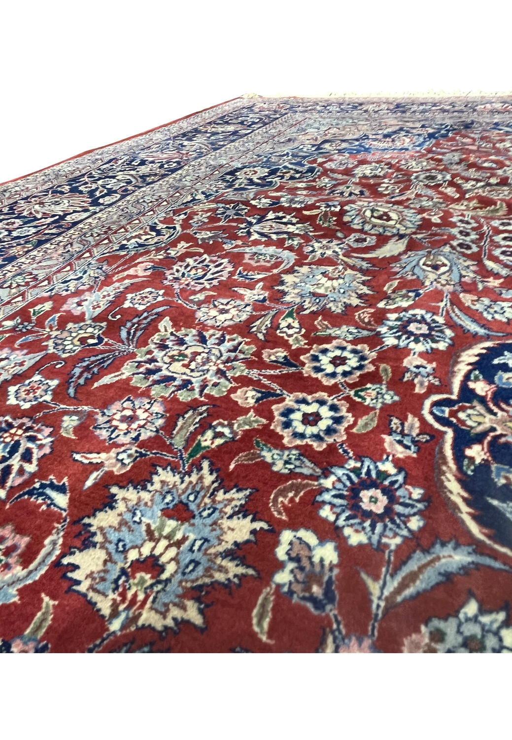 Foundation detail of antique Persian Kashan rug showing warp, weft, and tight structural weaving