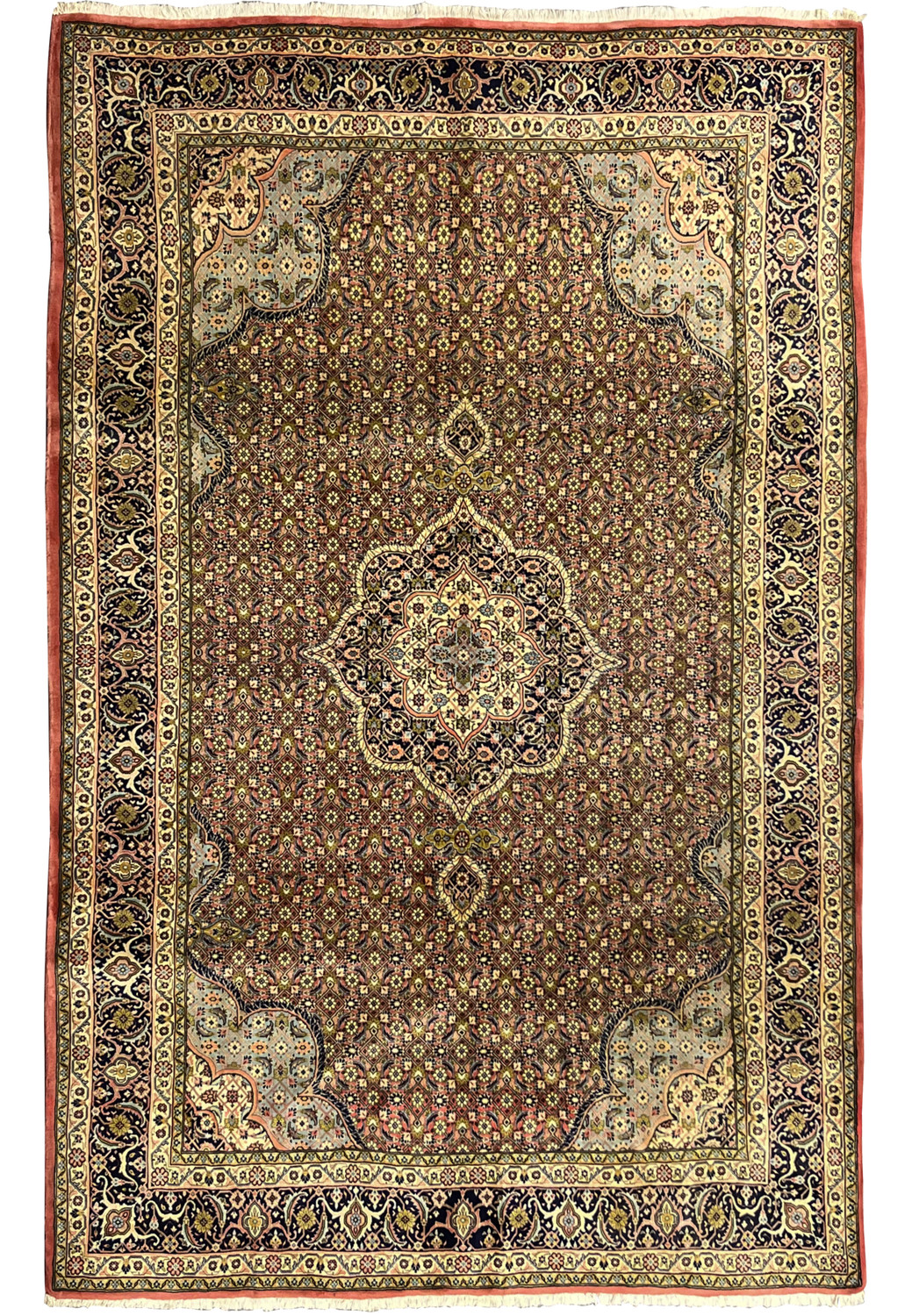 Full view of rare Persian Bijar iron rug with red field, dense lattice pattern, and navy floral border