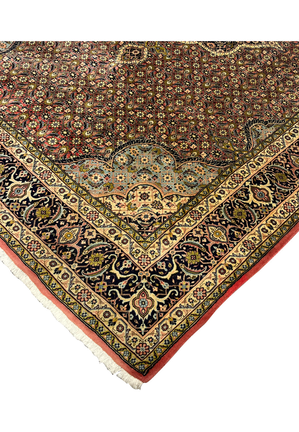Outer and inner edge detail of Persian Bijar rug highlighting layered borders and tight woven construction
