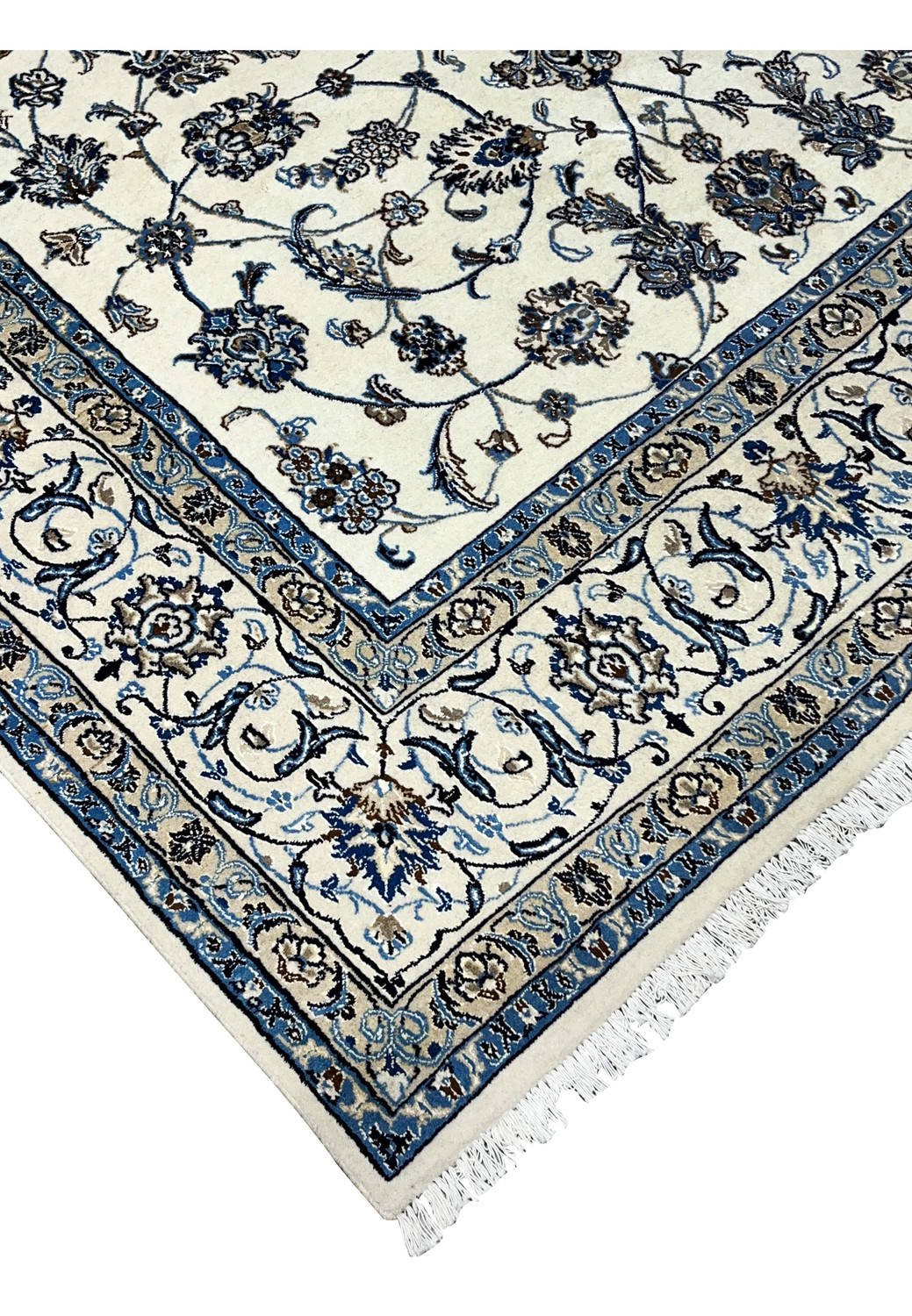 Side edge of Persian Nain rug showing tight binding and fine craftsmanship