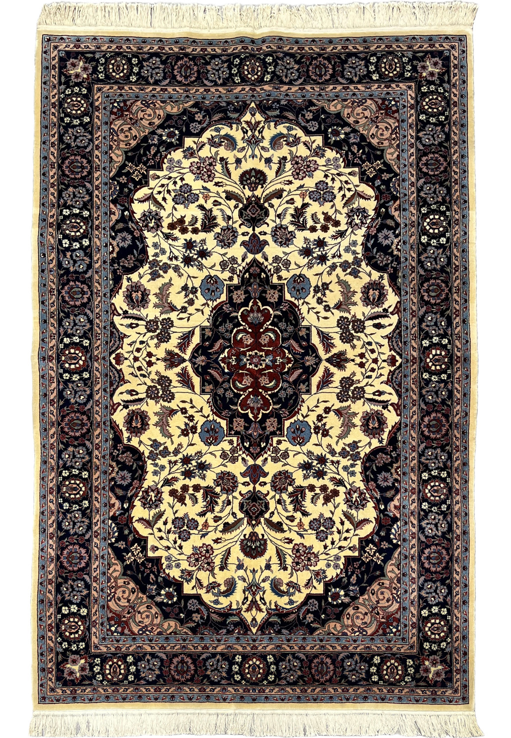 5'2 x 8 Persian Tabriz rug with ivory field, central medallion, and dark navy floral border