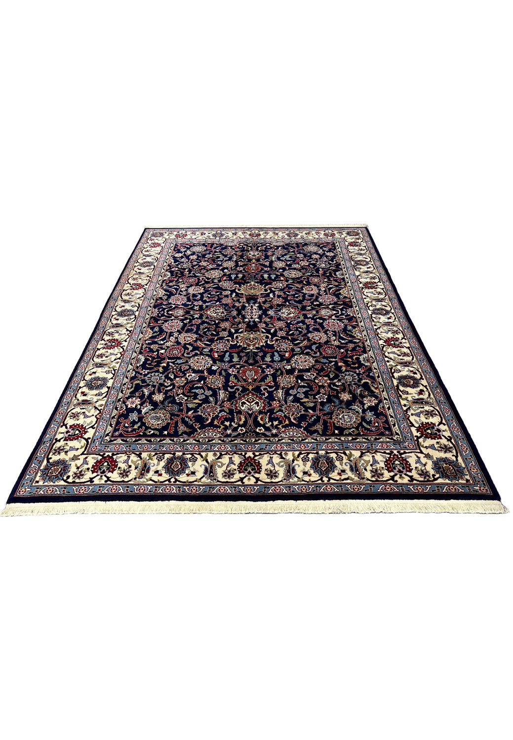 5'7 x 8 Persian Sarough kork rug laid flat showing navy blue field and ivory floral border