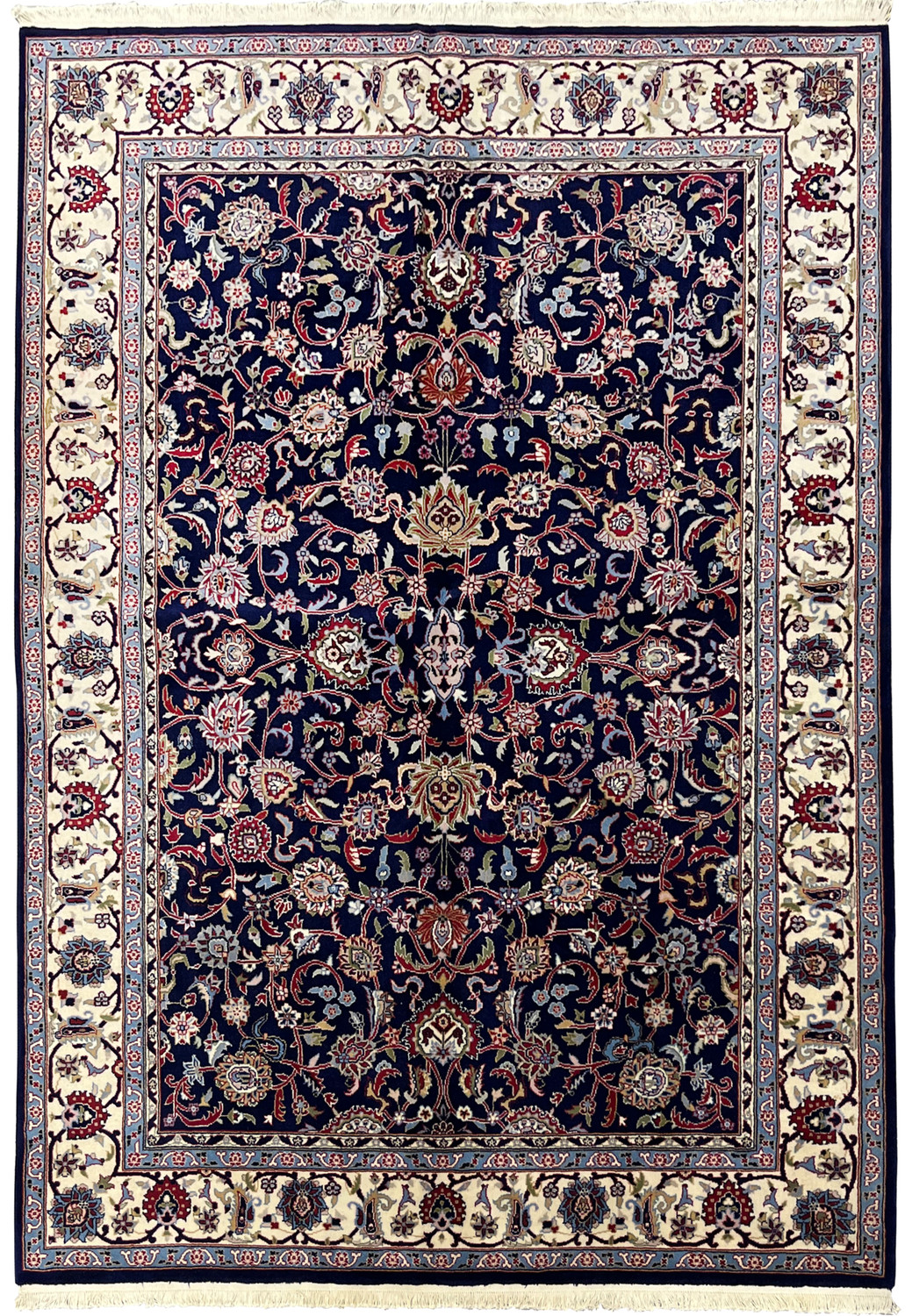 Full view of 5'7 x 8 Persian Sarough kork rug with dense floral allover design on deep navy background