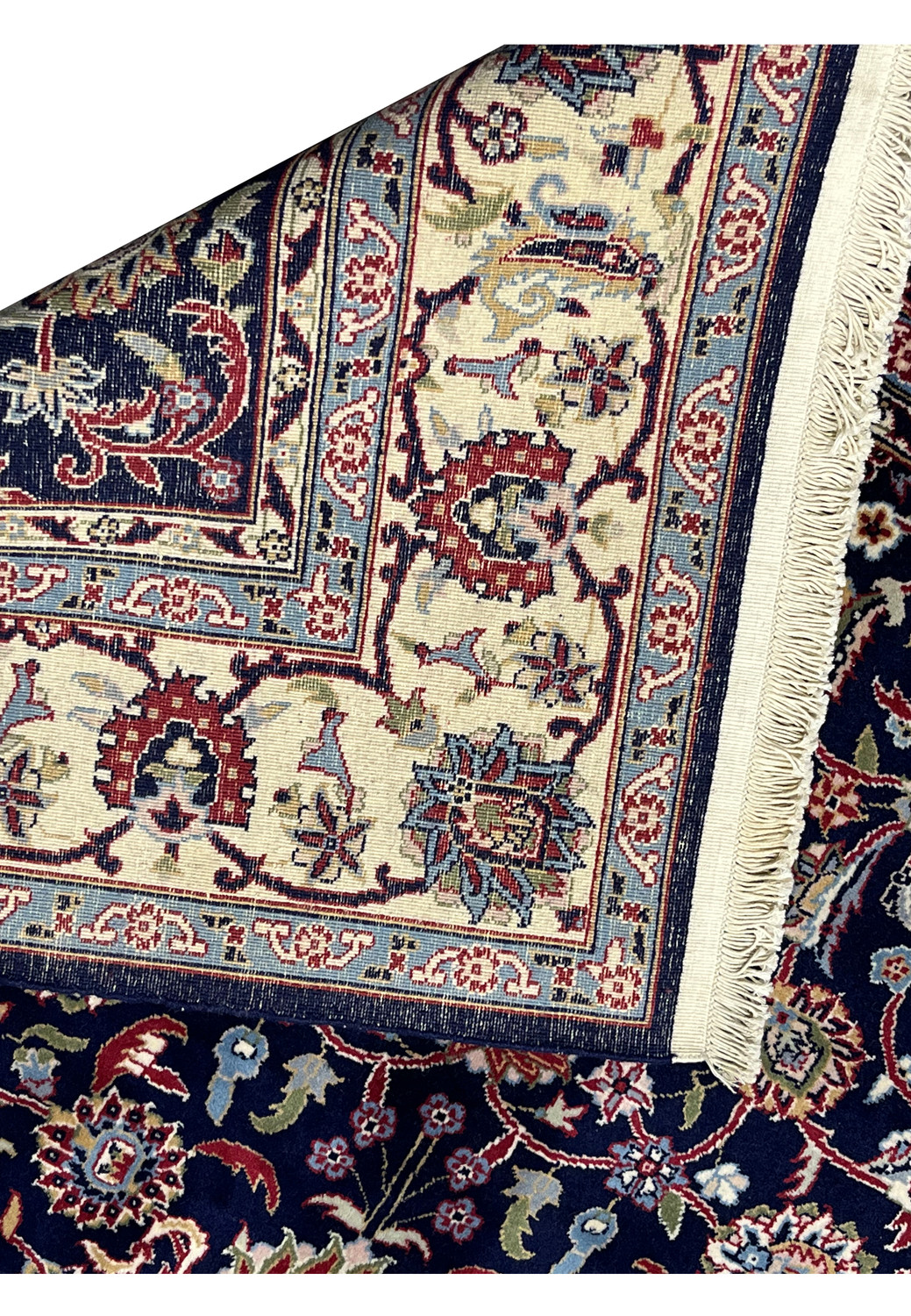 Backside view of a Persian Sarough kork rug revealing even knotting, strong cotton foundation, and high-quality handwoven construction