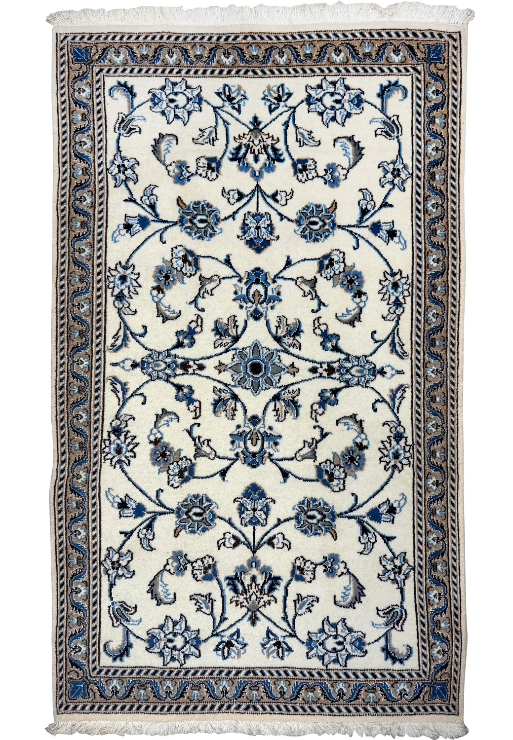 Full view of a 3x4'9 Persian Nain rug with ivory field, blue floral vines, and classic multi-guard border