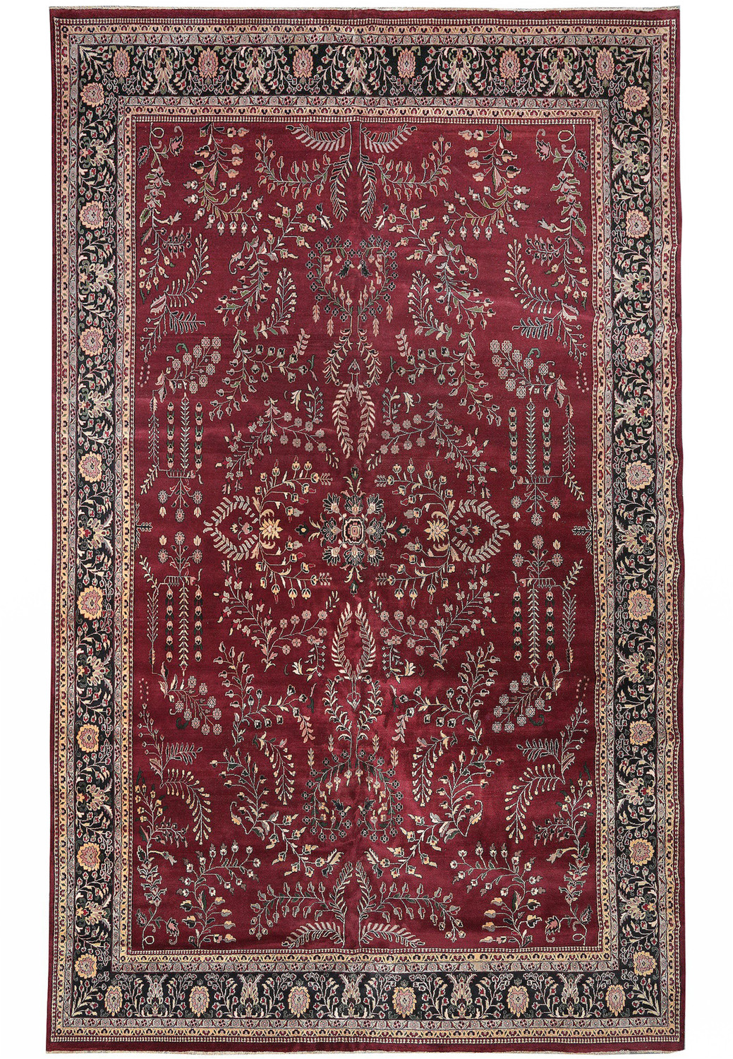 Oversize 12x20 oriental Sarough rug with deep red field and traditional floral allover design