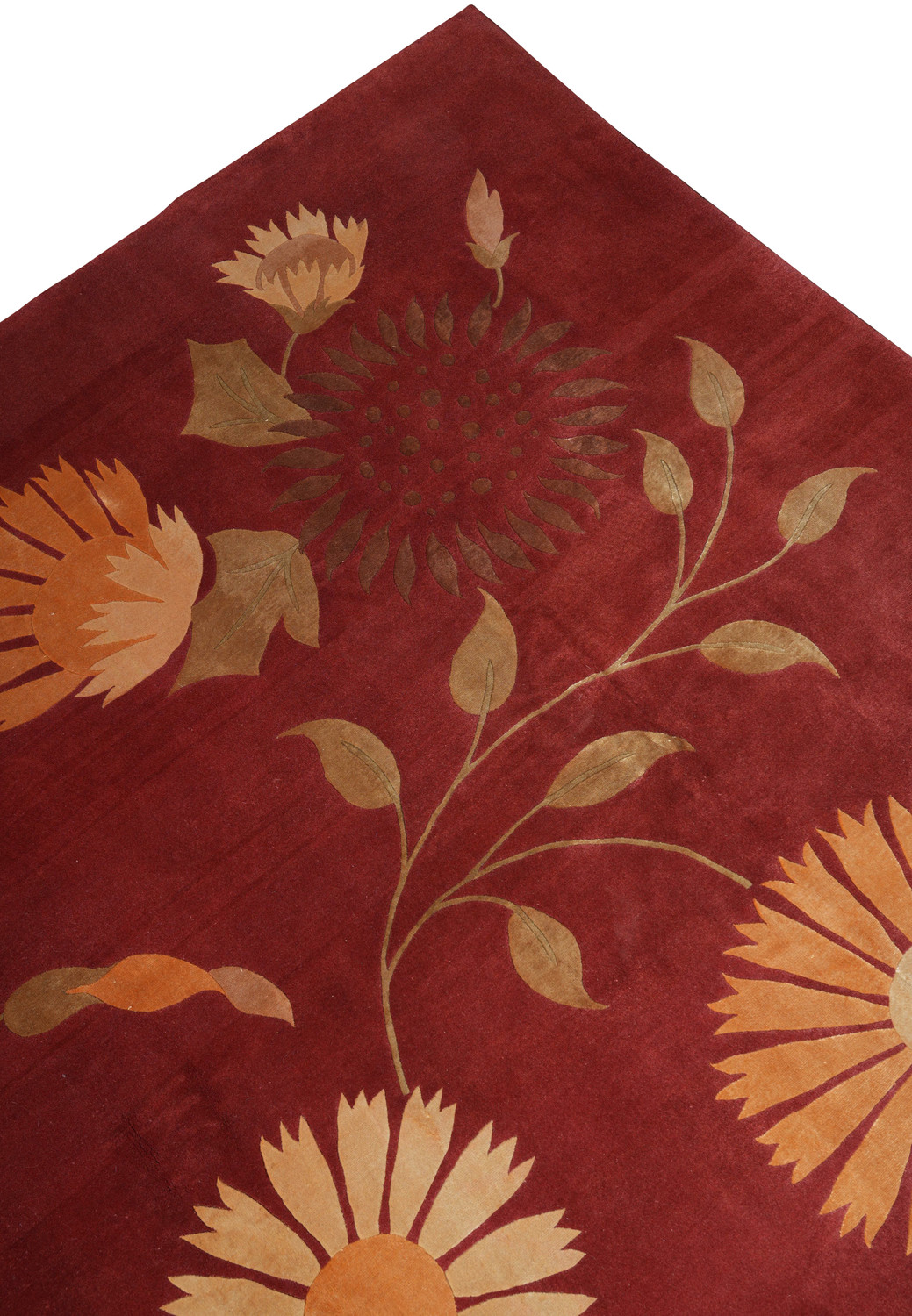 Upper edge detail of a handwoven modern Tibetan rug showing precise weaving, smooth borders, and consistent wool and silk pile height