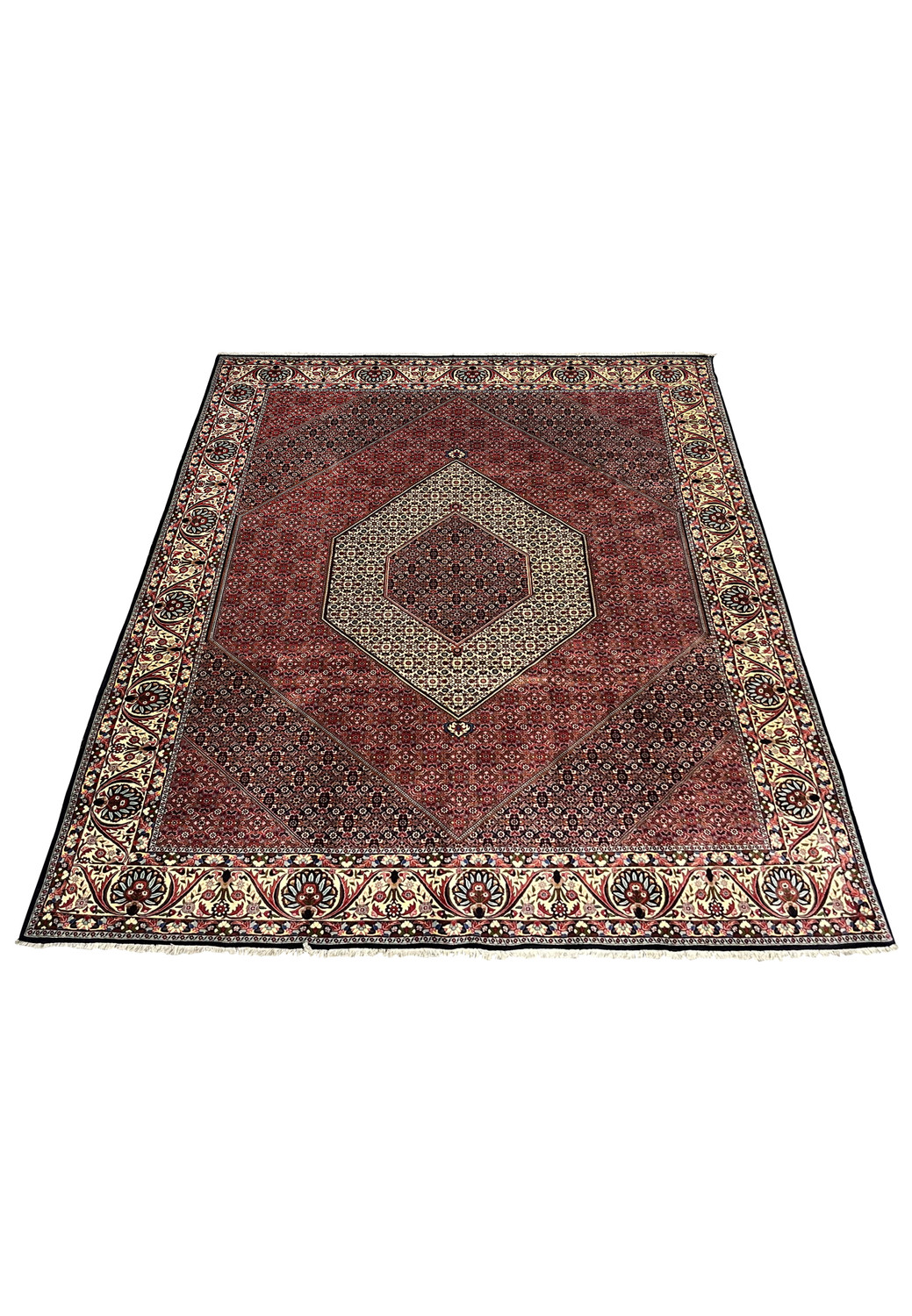 Laid flat view showing the full proportions and symmetry of a hand knotted Persian Bijar iron rug