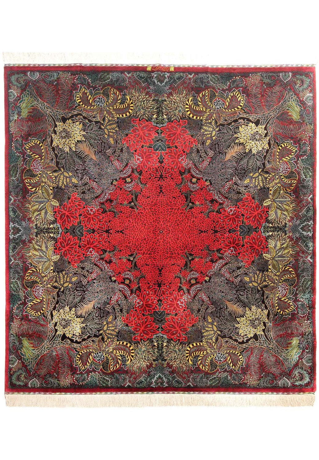 Full view of a 6'6 x 6'9 signed Erami Persian Qum pure silk rug with dense red floral field and intricate botanical design