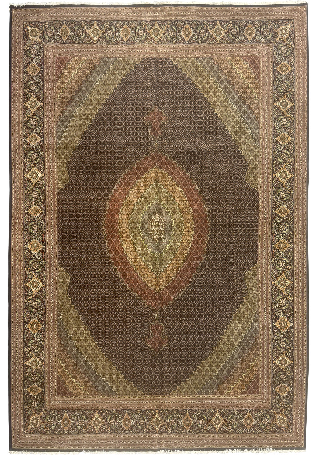 11'5 x 16'5 Persian Tabriz Mahi 50 Raj rug showing layered diamond medallion, dense allover herati pattern, and richly detailed floral borders in muted tones.