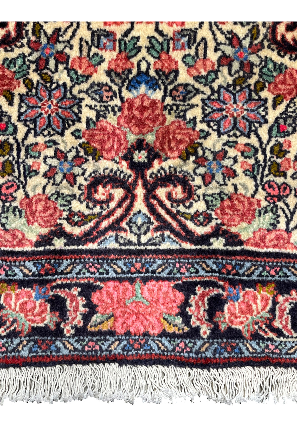 Lower border detail of a 3'4 x 4'8 Persian Bijar rug featuring rose bouquets, dark navy outlining, precise knot work, and traditional Persian symmetry