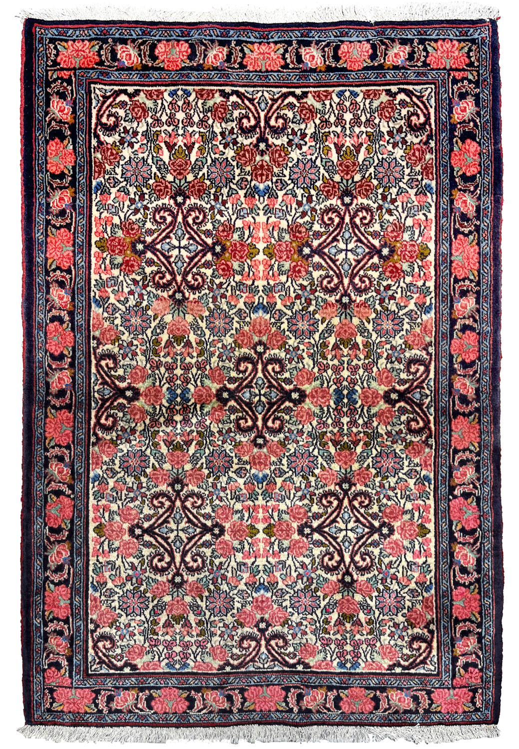Full view of a 3'4 x 4'8 Persian Bijar rug with an ivory field, dense floral lattice, rose motifs, navy framing, and classic Bijar village craftsmanship