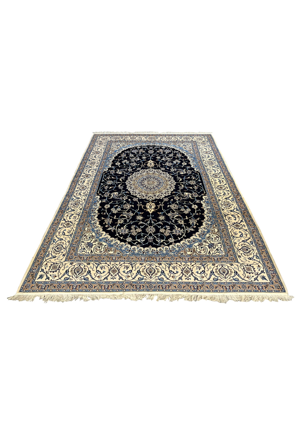 Large Persian Nain 6 LA silk rug laid flat showing navy field, ivory medallion, floral arabesques, balanced proportions, and precise Persian weaving detail
