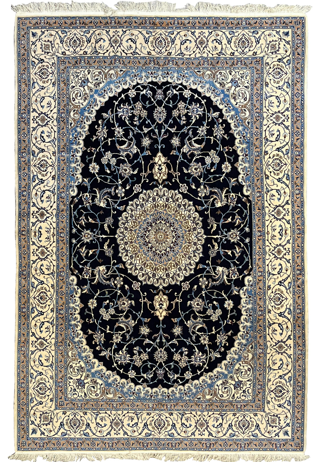6'5 x 10 Persian Nain 6 LA silk rug with midnight navy field, ivory floral medallion, symmetrical design, refined borders, and detailed hand knotted craftsmanship