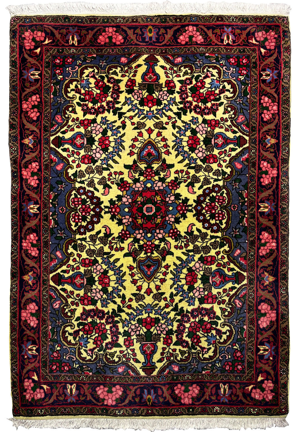 3'6 x 4'11 Persian Bijar floral rug with golden yellow field and deep red borders, hand knotted wool Persian rug showcasing dense Kurdish craftsmanship