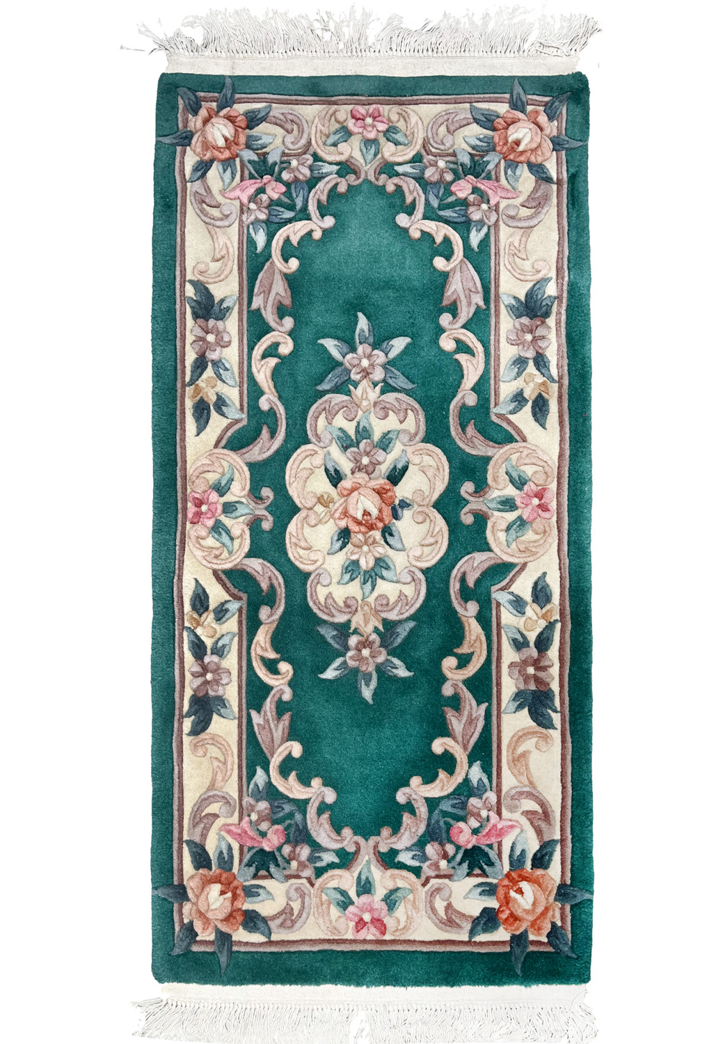 Full view of a 2'3 x 4'7 Aubusson Art Deco rug with emerald green field, ivory border, and raised floral scrollwork in soft pastel tones