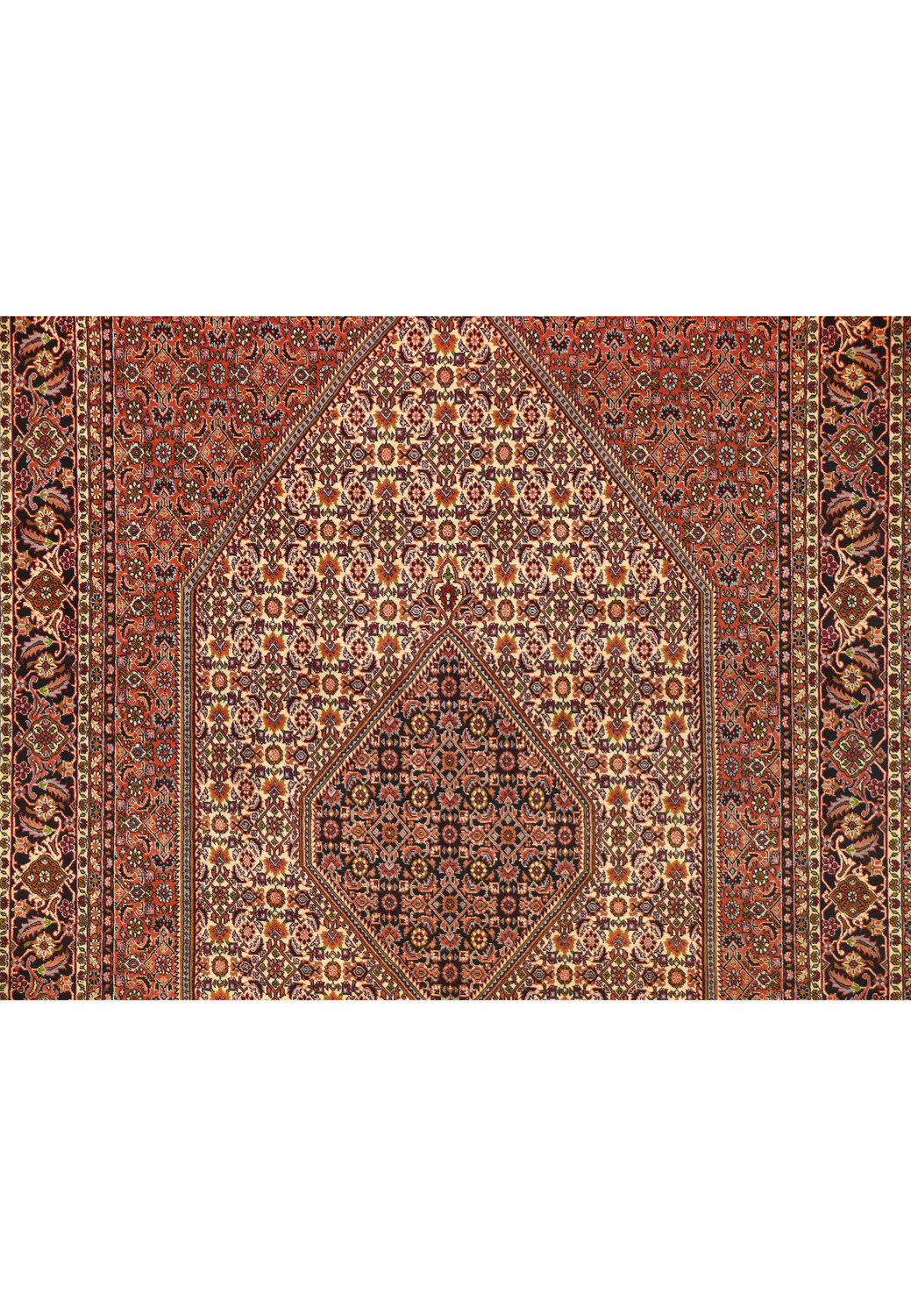 Close-up of the central medallion on a 6'5 x 10 Persian Bijar rug showing dense knotting, ivory ground, floral geometry, and deep navy red accents