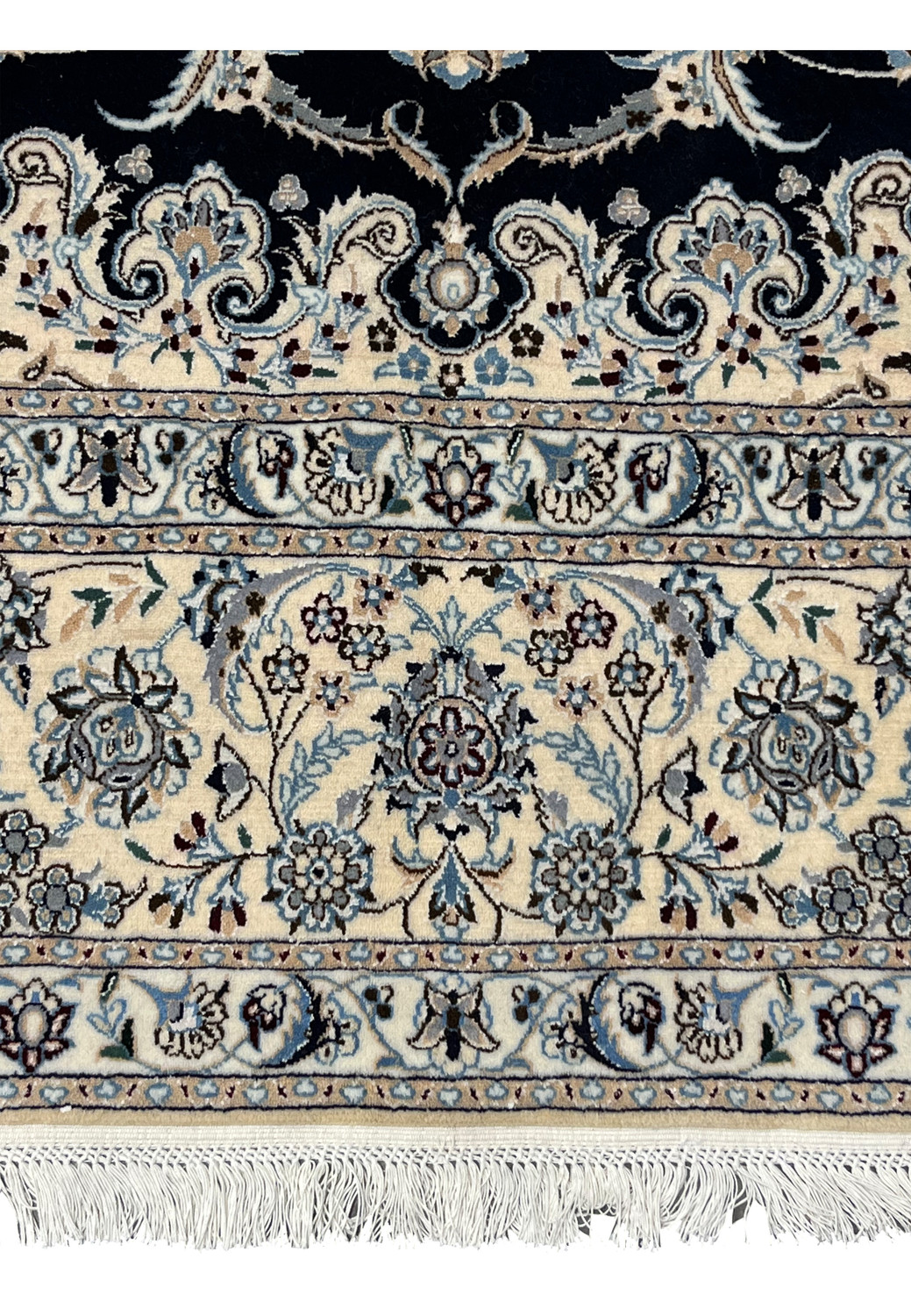 Lower border closeup of Persian Nain 6 LA silk rug with layered floral bands, ivory ground, and precise Habibian workshop detailing