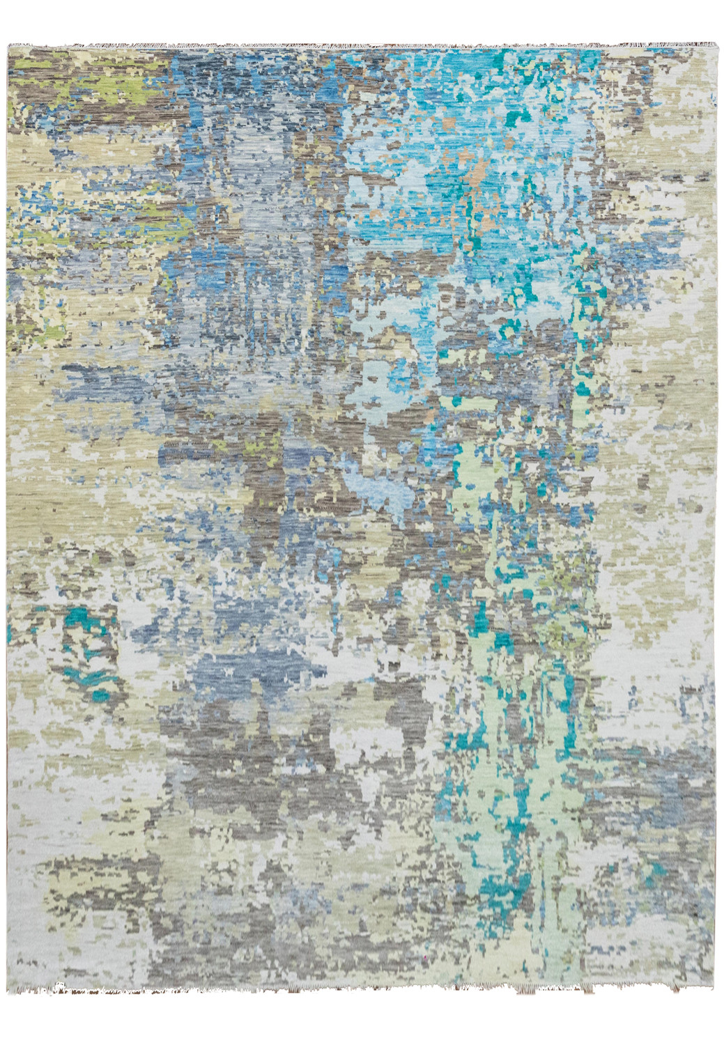 Modern handmade Nepali abstract wool rug measuring 12 x 14'7, featuring layered soft blue, ivory, gray, and beige tones with a contemporary painterly pattern.