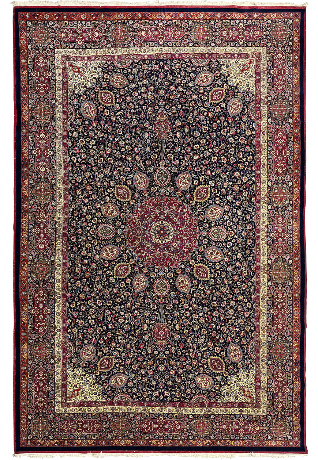 Full view of 11.4 x 16.6 Persian Mashad rug signed by Sheshkalani, featuring navy floral field, red medallion, kork wool pile, silk details, and classic borders.