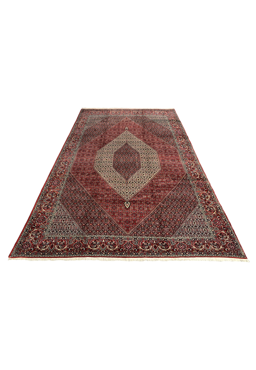 Laid-down view of a Persian Bijar iron rug highlighting its heavy wool pile, precise geometry, strong structure, and balanced layered border design