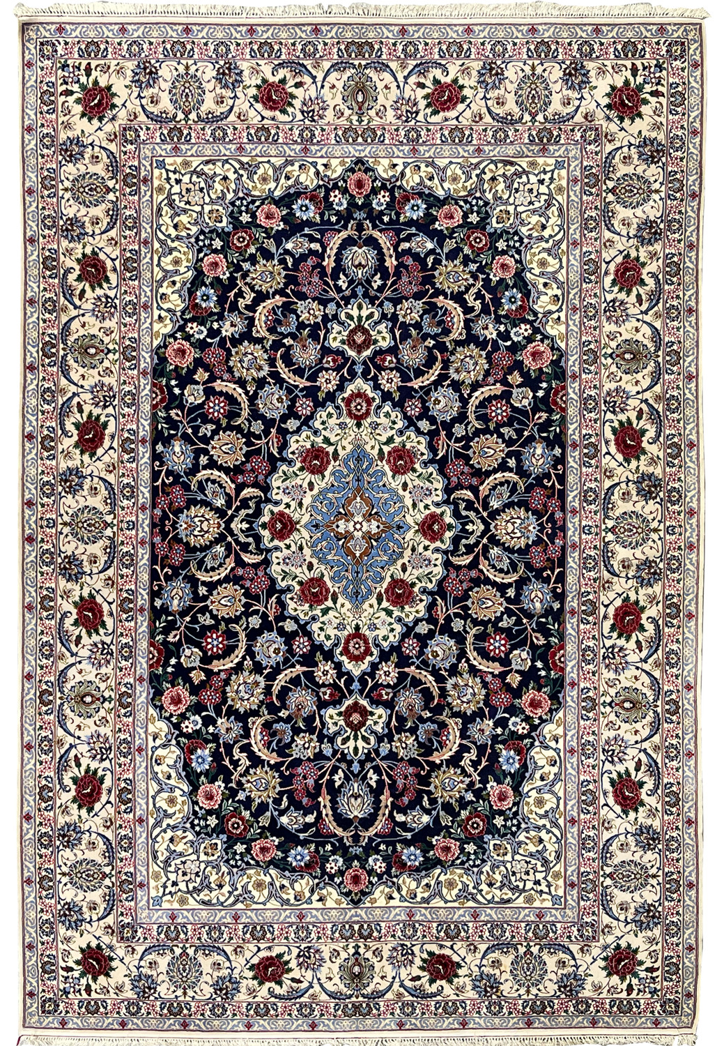 7 x 10 super fine Persian Isfahan wool and silk rug with deep navy field, ivory floral medallion, intricate vine scrolls, and classic multi border design