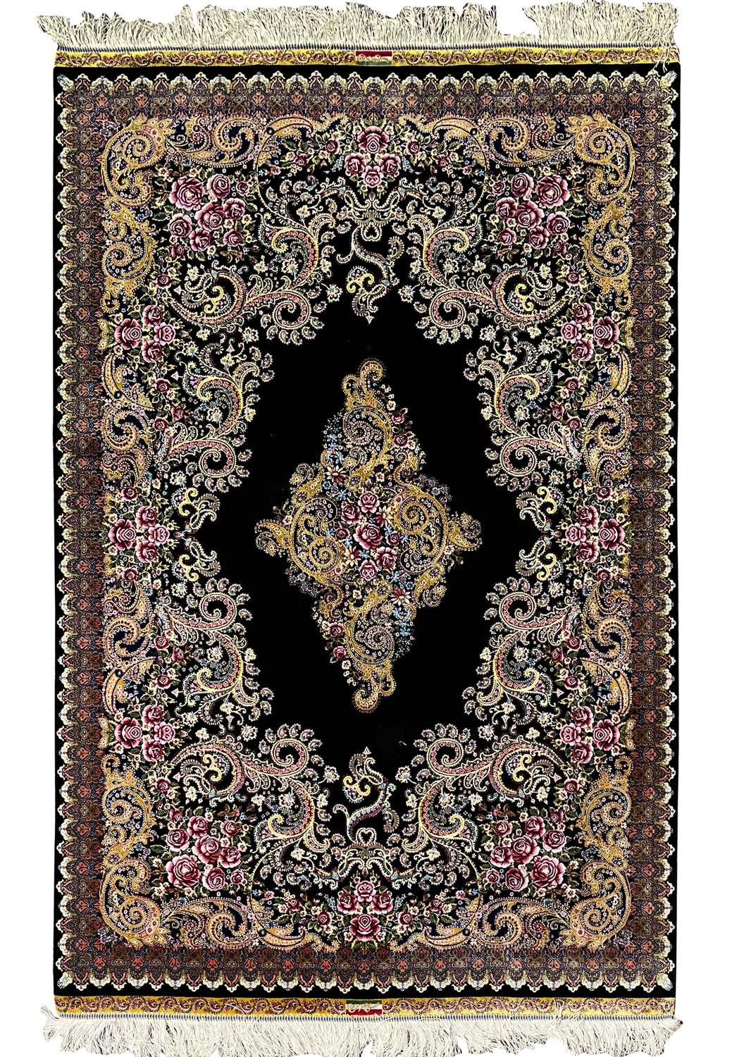 Full view of a signed Persian Qum pure silk rug featuring a black background, ornate medallion, and floral borders