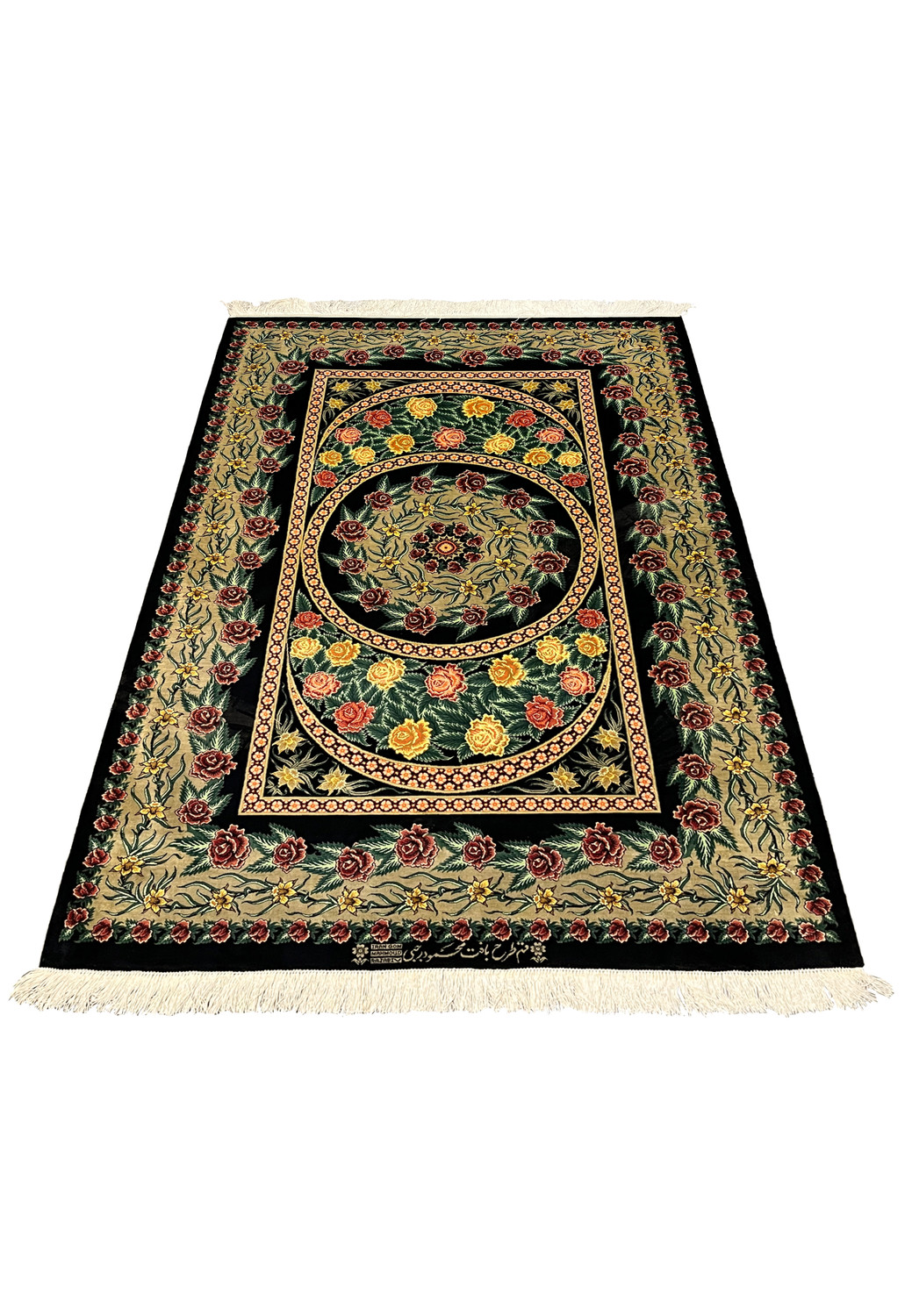 Laid-down view of a signed Persian Qum 100 percent silk rug in 3'5 x 5'2 size, showing balanced medallion layout, fine knotting, and crisp floral borders.