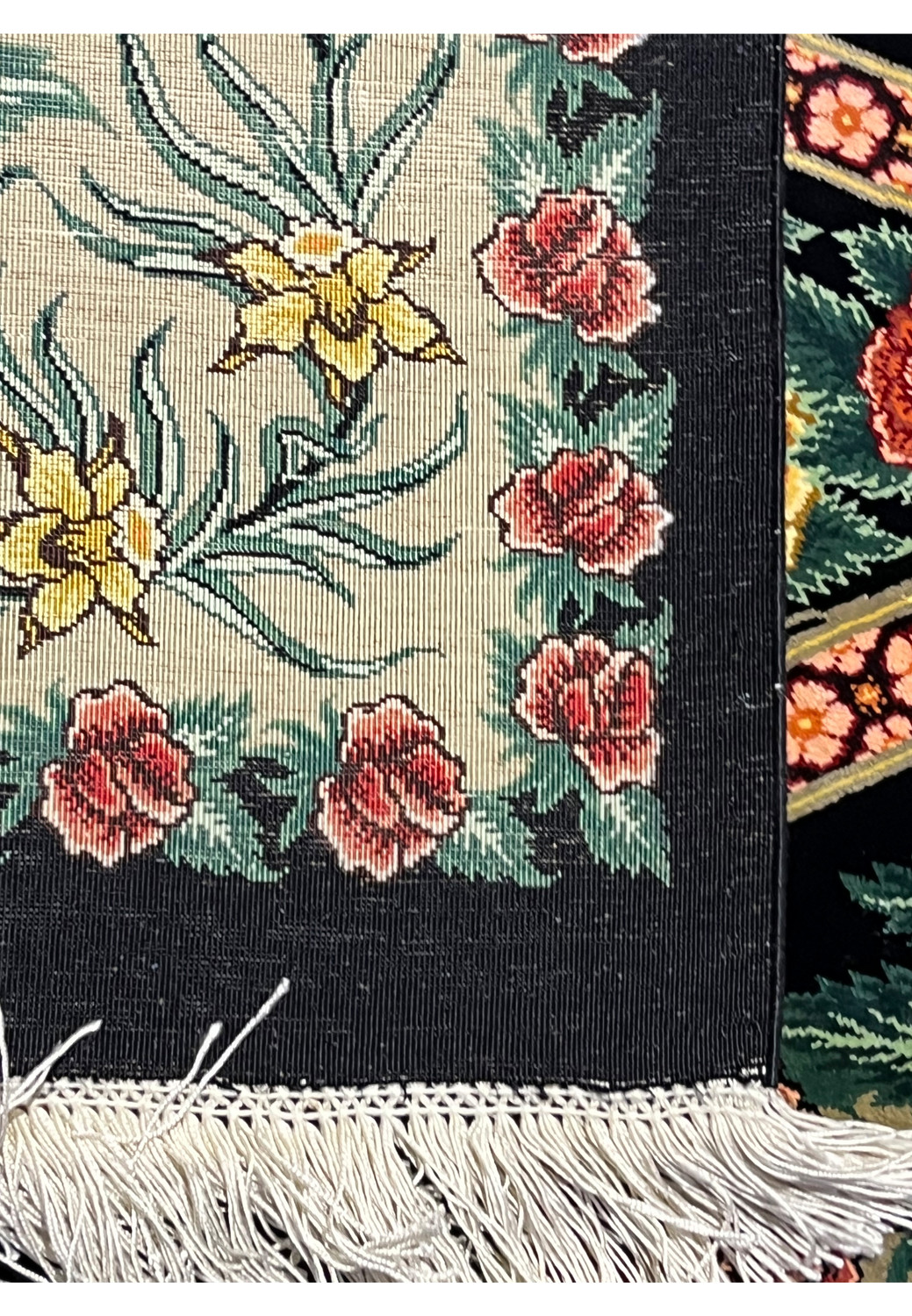 Backside view of a Persian Qum pure silk rug highlighting uniform knot structure, clean weaving lines, and overall craftsmanship consistency