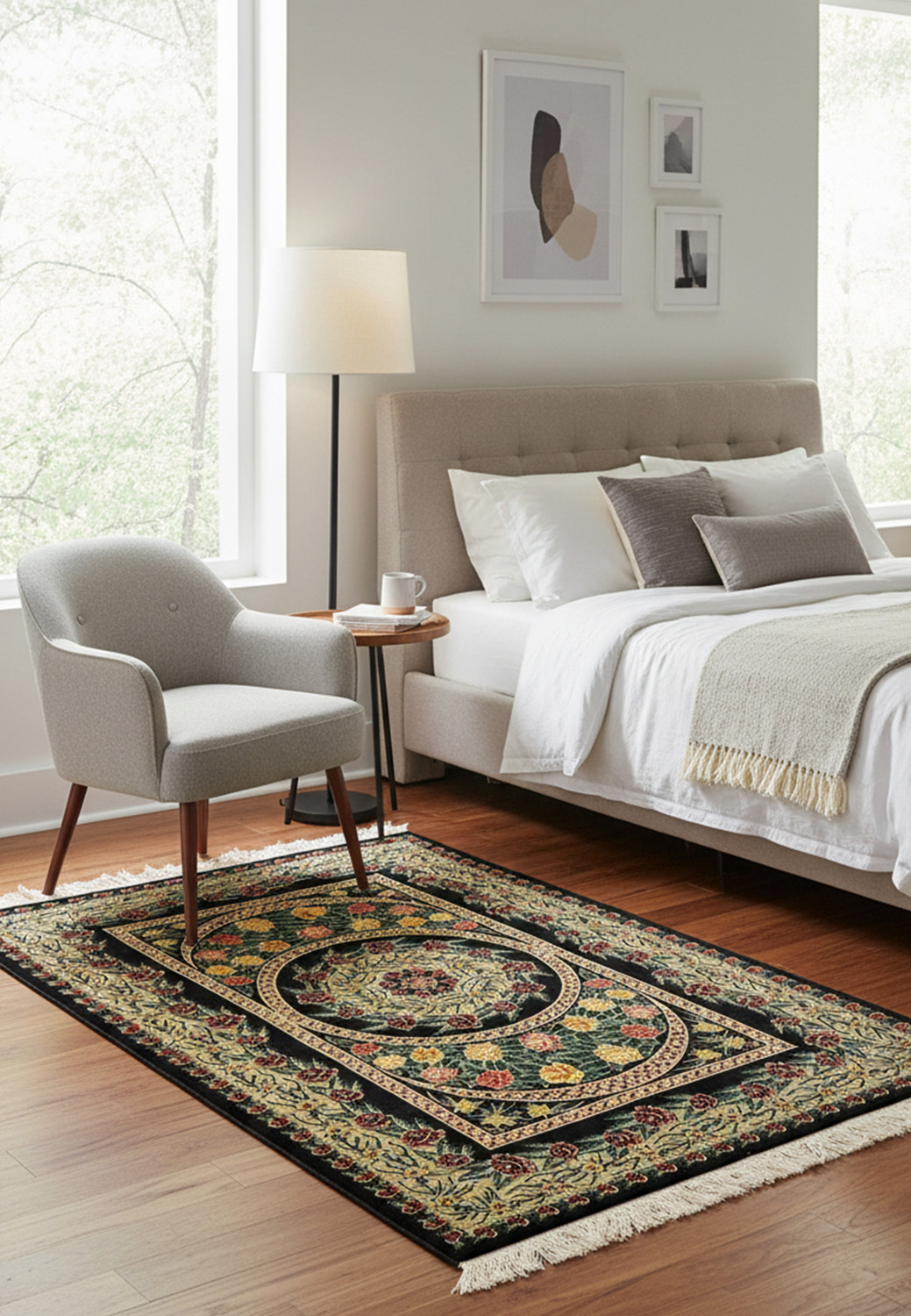 Full view of a 3'5 x 5'2 signed Persian Qum rug