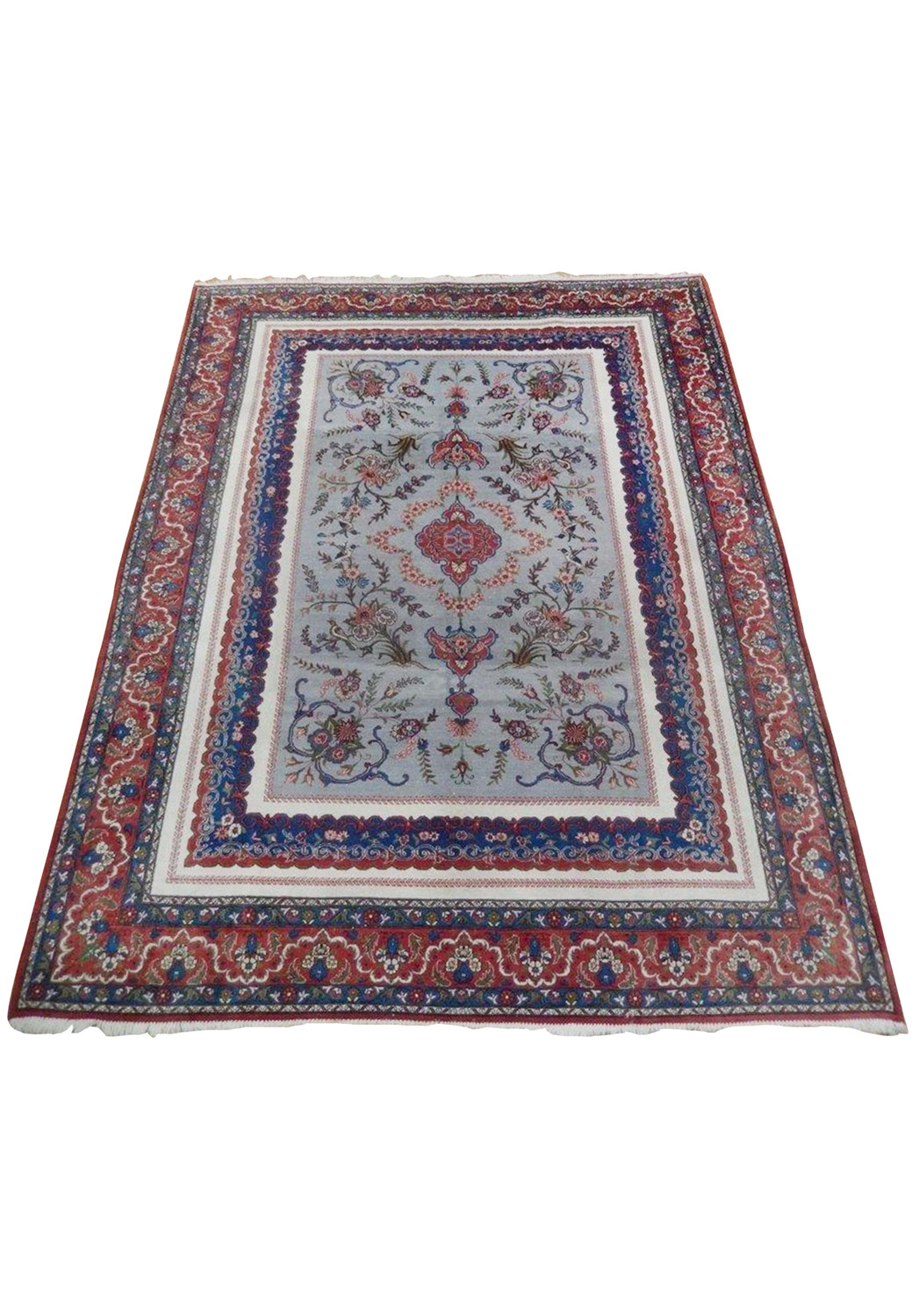 Full top-down view of a grey Persian Isfahan rug with symmetrical floral layout, central medallion, bird motifs, and classic multi-border frame