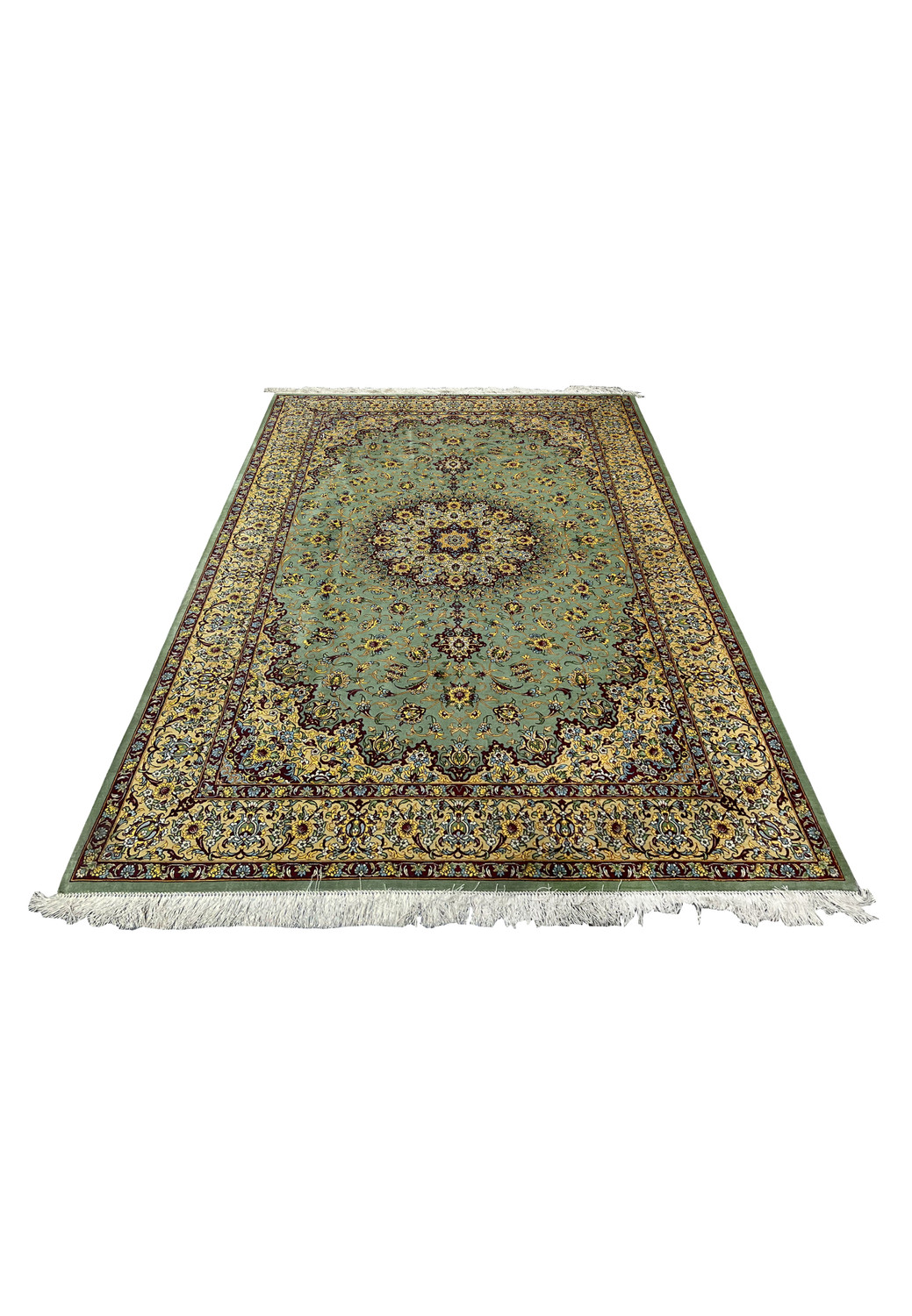 Full laid-down view of a 4'4 x 6'6 Persian Qum pure silk rug by Mirmehdi showing sage green field, floral medallion, and luminous silk sheen