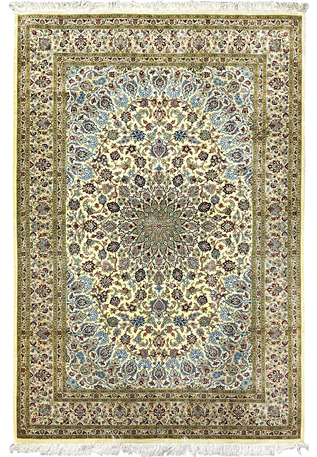 Full view of a 4'5 x 6'7 signed Persian Qum pure silk rug featuring an intricate floral medallion, ivory field, fine knot density, and classic Persian symmetry.
