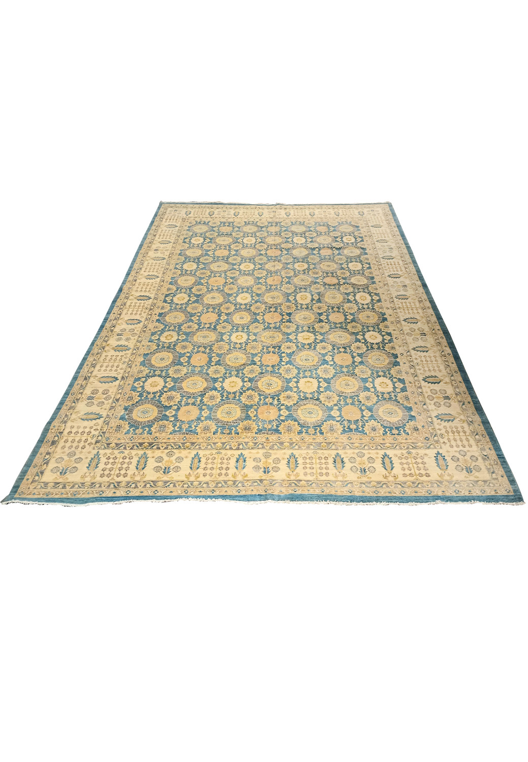 Laid down view of a large light blue Chobi Peshawar rug showing its expansive scale, balanced medallion layout, soft beige tones, and elegant border framing