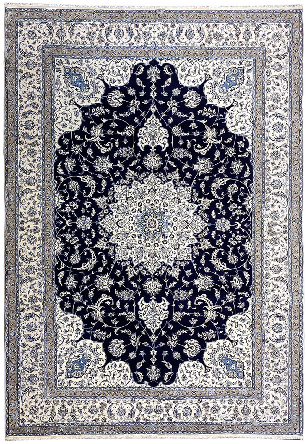 Full view of a 10x19 Persian Nain 9 La oversize rug with navy blue field, ivory medallion, layered borders, and classic Persian design