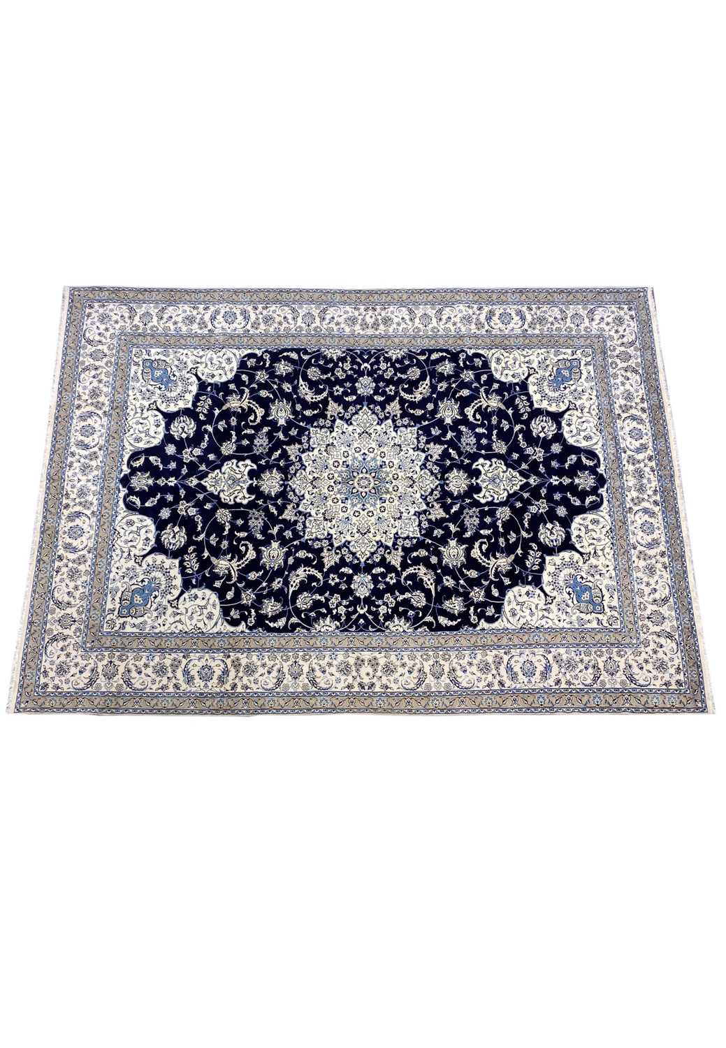 Top view of a rare size Persian Nain 9 La rug highlighting symmetrical design, elongated format, and refined floral composition