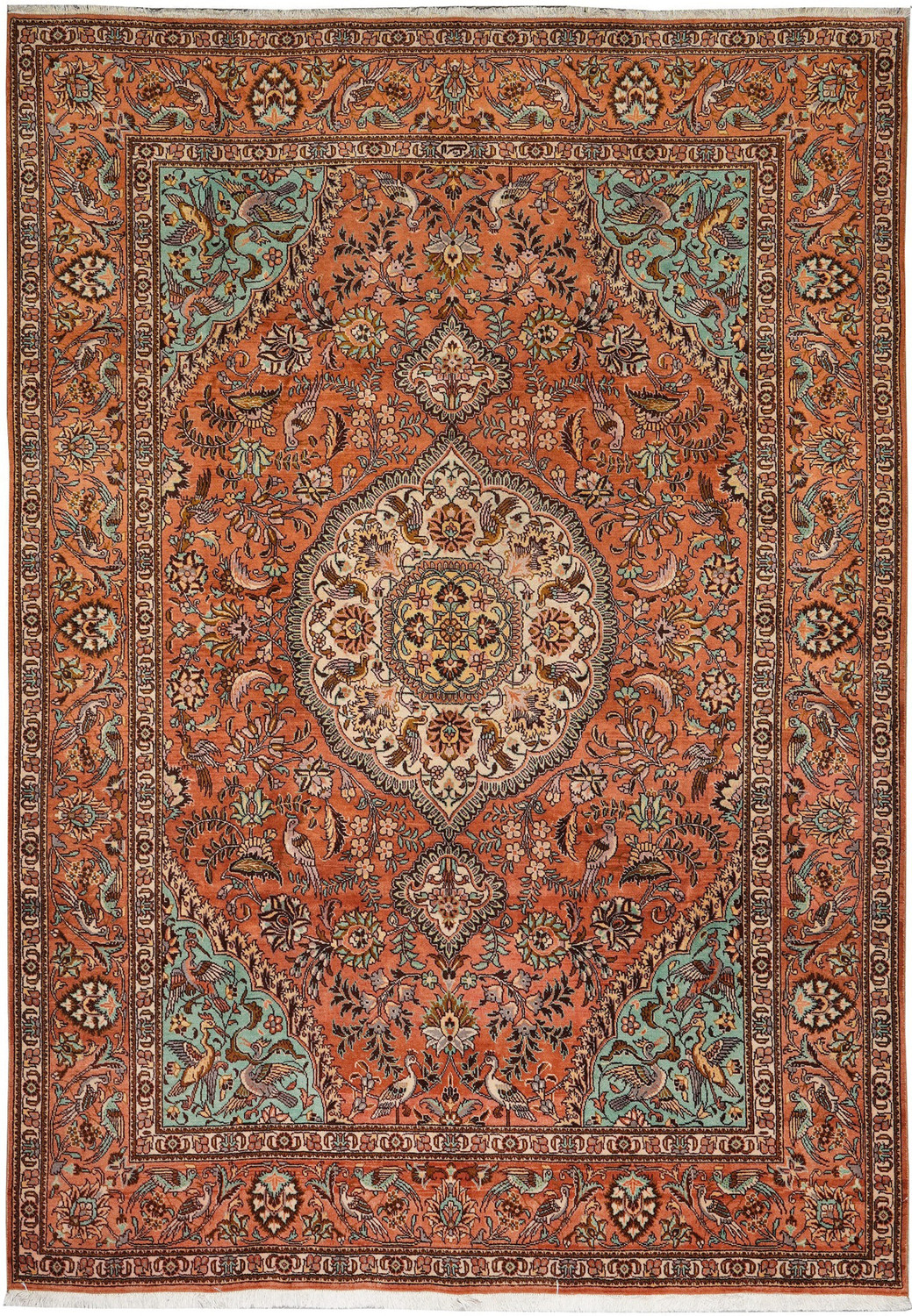 Full view of an 8'2 x 11'2 signed Paradies Persian Tabriz rug showing terracotta field, ivory medallion, garden motifs, and bird imagery