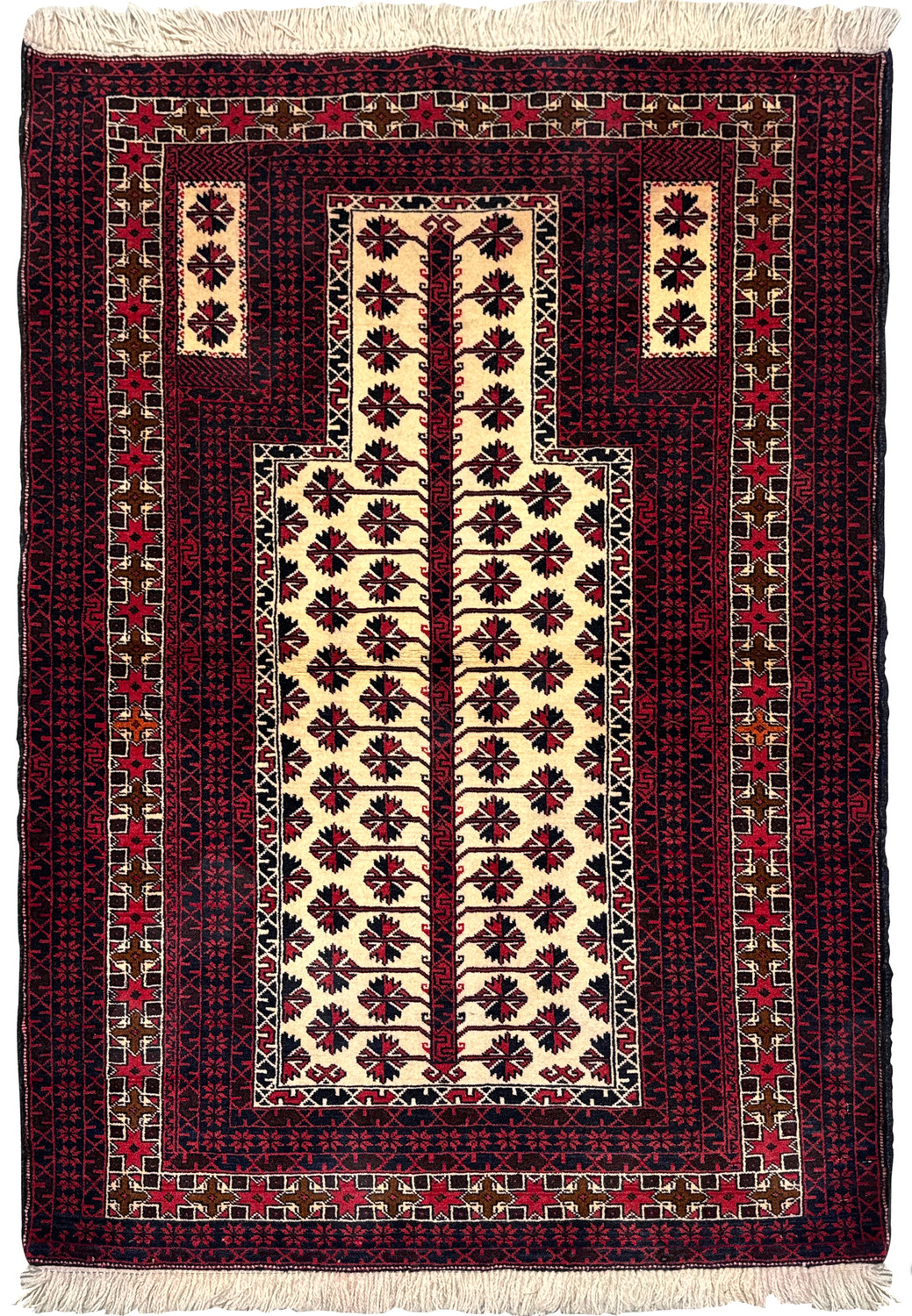 Full view of a 3'2 x 4'7 Persian Baluch prayer rug in Khal Mohammadi style with burgundy field, ivory mihrab, and geometric tribal motifs