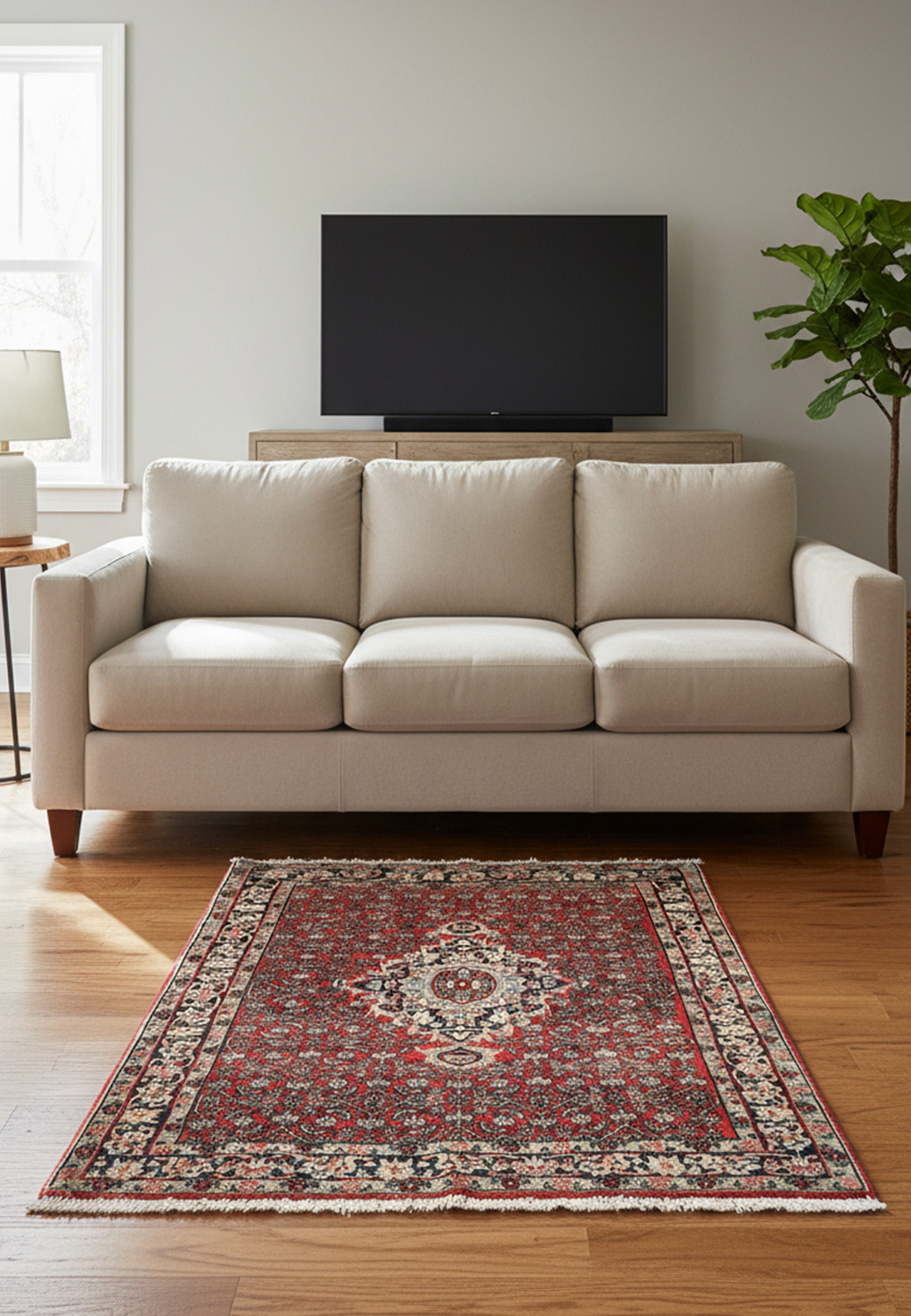 Straight-on view of a hand-knotted Persian Sarough rug