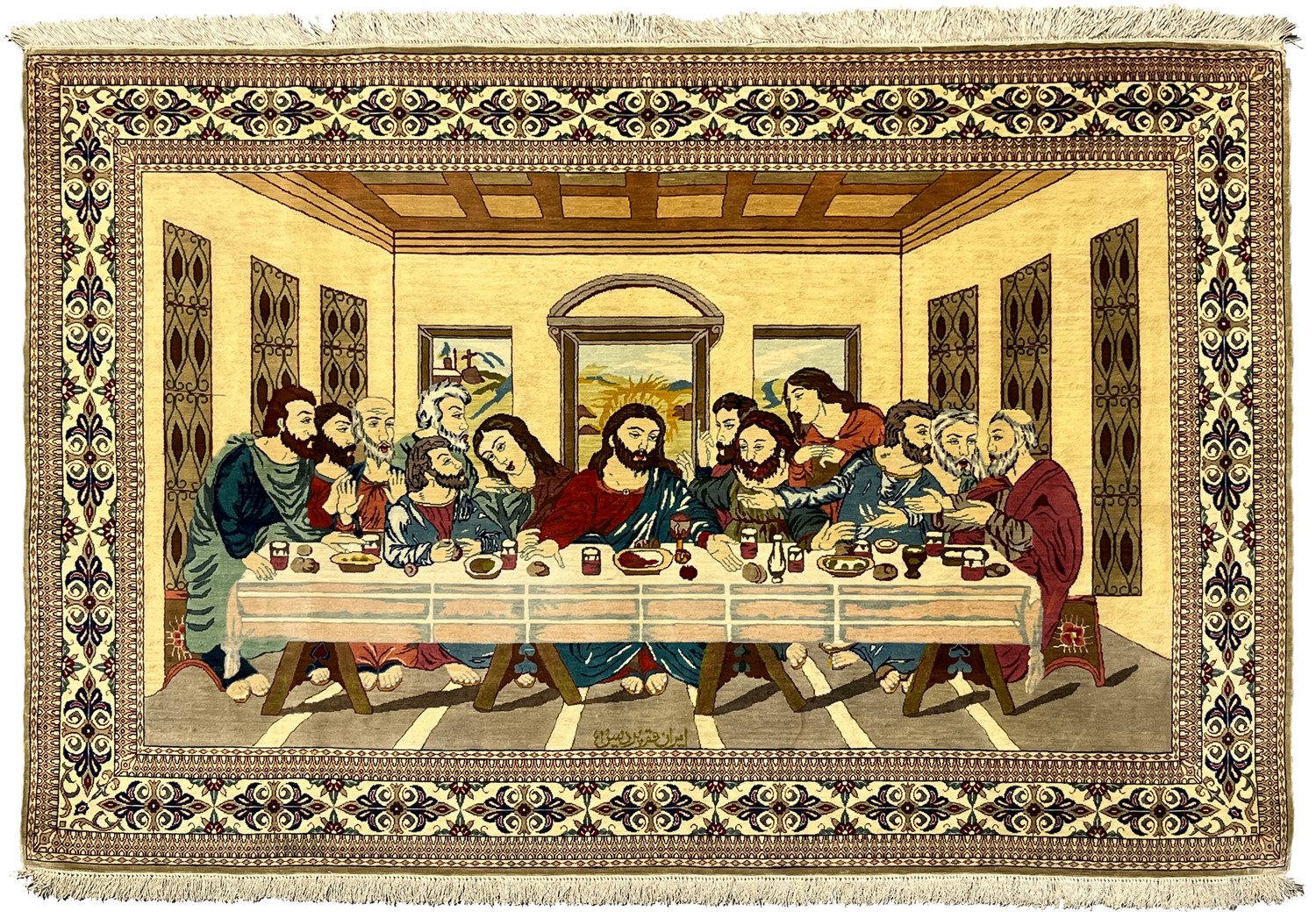 Signed pure silk Persian Qum Pardis rug showing The Last Supper pictorial scene with ivory field, fine detailing, ornate borders, and luminous silk texture